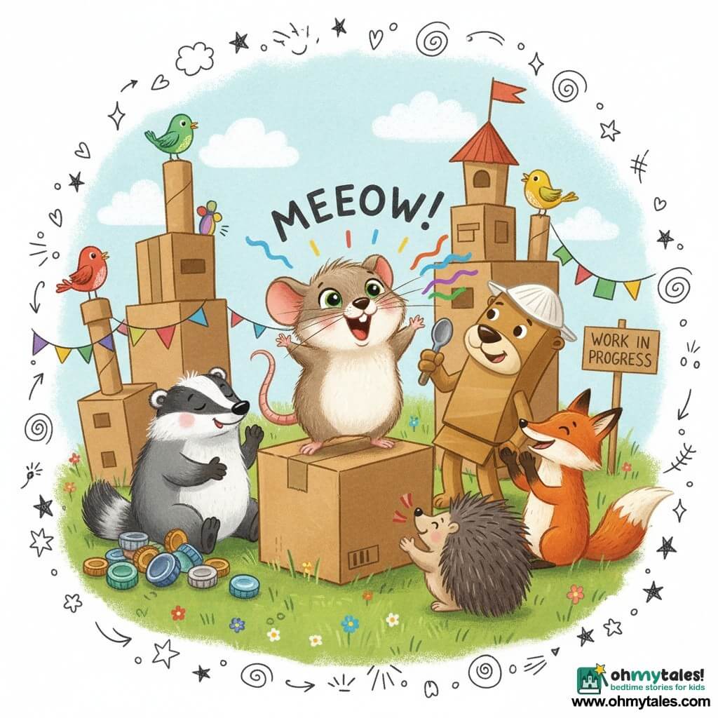 A small round fluffy mouse with bright eyes and fine whiskers, looking joyful and proud, perches on a cardboard crate with one paw raised and mouth open in a big "meeeow" showing colorful vibration waves; behind the crate stands Foreman Fold, a paper otter with an angular light-brown cardboard body and a paper-plate hat, surprised then smiling while holding a spoon-hammer toy to the right of the box; nearby sits Bump, a plump gray-and-white striped badger with sleepy but happy eyes beside a pile of shiny treasures; secondary animals form a semicircle—a laughing red fox, an applauding spiky hedgehog, and colorful birds perched on cardboard tubes; the scene is a cardboard construction site in a meadow with towers of boxes and rolled tubes, hand-painted "WORK IN PROGRESS" signs, paper garlands, green grass dotted with wildflowers, and a soft blue sky with drawn clouds; the mouse’s joyful meow gathers the animals and stops a gust of wind that threatens to topple a tower, creating a warm, lively, collaborative atmosphere with bright colors and paper-and-fabric textures.
