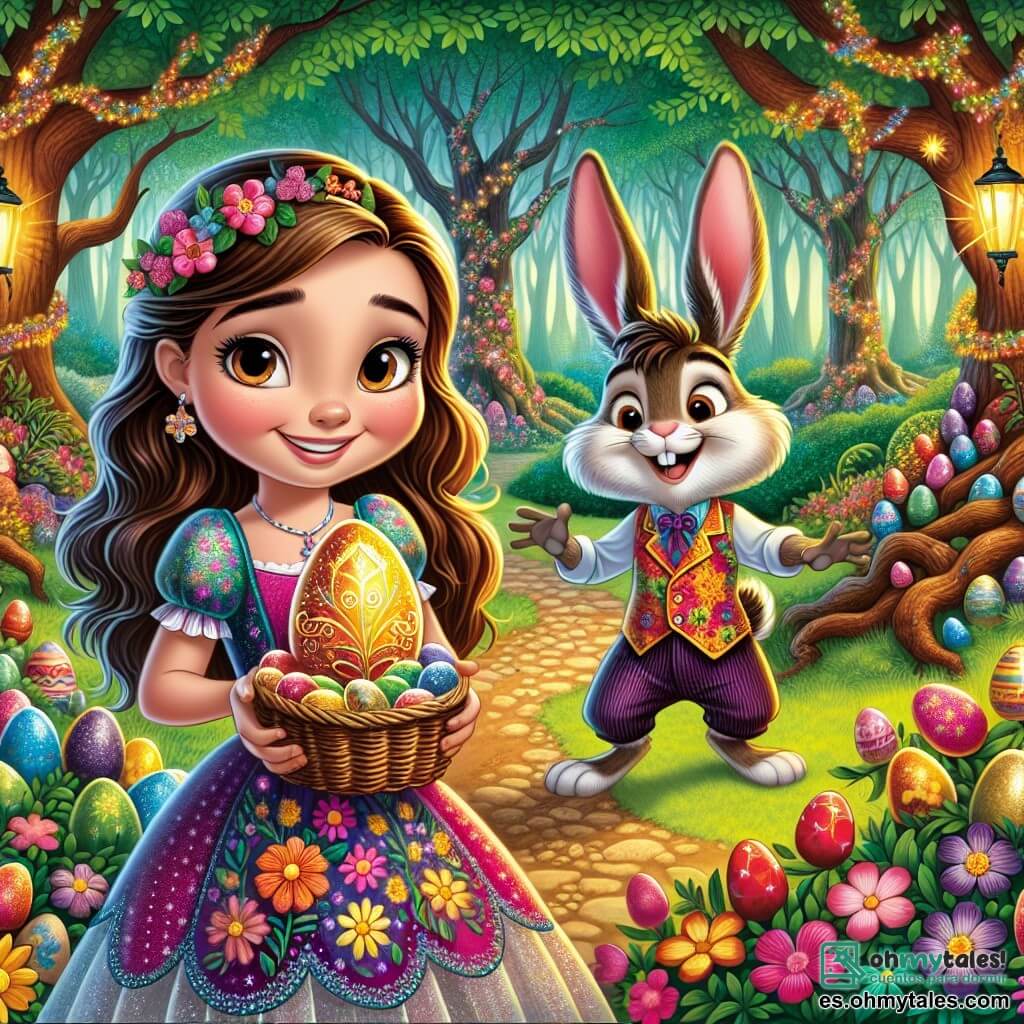 Una niña de 12 años, Clara, con largos cabellos castaños y ojos llenos de curiosidad, se encuentra en el centro de la escena, sonriendo. Lleva un vestido colorido con motivos de flores y sostiene una hermosa cesta de mimbre llena de huevos de Pascua brillantes. A su lado, Benito, un pequeño conejo antropomórfico vestido con un chaleco colorido y un sombrero de paja, la anima con una mirada traviesa y sus grandes orejas en alto. Al fondo, el Bosque de los Huevos Encantados es un lugar mágico, con árboles de troncos multicolores, flores brillantes y ríos de chocolate que serpentean entre los arbustos. Huevos de Pascua relucientes están escondidos entre las hojas, añadiendo un toque de magia al entorno. La escena principal muestra a Clara y Benito descubriendo un misterioso huevo dorado, rodeados de luz brillante, listos para abrirlo y entrar en un mundo mágico.