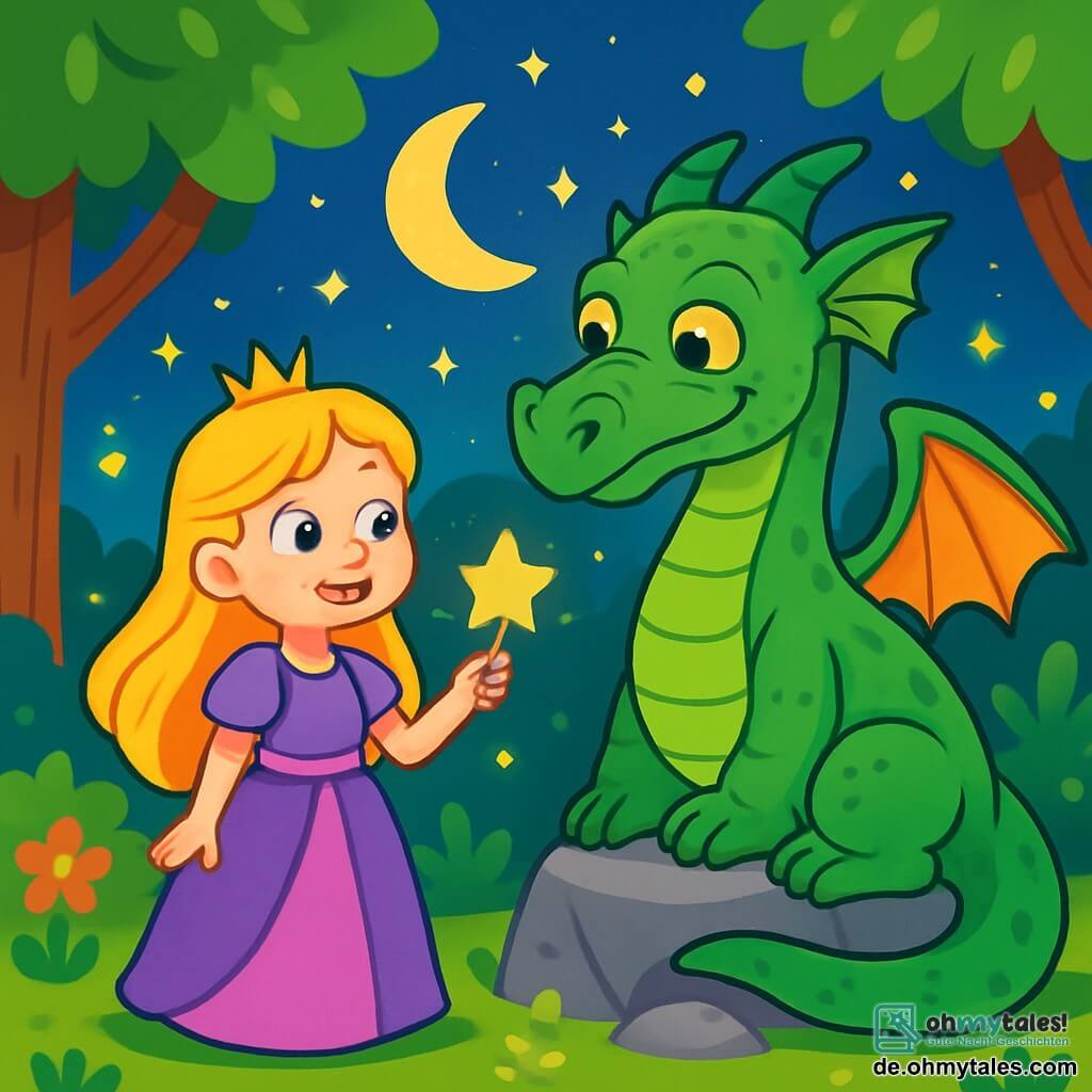 Eine Prinzessin namens Lila, etwa 10 Jahre alt, steht im Mittelpunkt der Szene. Sie hat lange, goldene Haare, die wie Sonnenstrahlen glänzen, und leuchtend blaue Augen voller Aufregung. Sie lächelt staunend und hält einen kleinen, funkelnden Stern in ihrer Hand. Neben ihr sitzt ein weiser, alter Drache mit grünen Schuppen und goldenen Augen auf einem Stein und schaut Lila wohlwollend an. Der Drache hat eine große Spannweite, aber sein Ausdruck ist sanft und freundlich. Die Szene spielt in einer verzauberten Lichtung, umgeben von majestätischen Bäumen mit glänzenden Blättern und bunten Blumen, die im Wind tanzen. Glühwürmchen erleuchten die Luft und schaffen eine magische Atmosphäre. Im Hintergrund leuchtet ein sternenklarer Himmel mit funkelnden Sternen und einem großen Mond. Lila und der Drache teilen einen Moment der Entdeckung, während der Drache ihr Rätsel aufgibt. Lila, voller Neugier und Entschlossenheit, bereitet sich darauf vor, die Herausforderungen des Drachen zu meistern, umgeben von der Schönheit der magischen Natur.