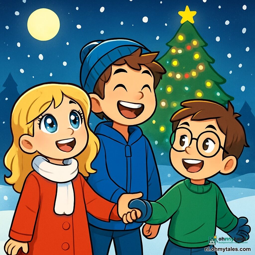 Er zijn 3 personages: - Fien: een 8-jarig meisje met grote, glanzende ogen als sterren en blonde krullen die op haar schouders vallen. Ze draagt een felrode jas en een witte sjaal, en ze glimlacht terwijl ze naar de lucht kijkt. - Sam: een 9-jarig jongen met rommelig bruin haar en een stralende glimlach. Hij is gekleed in een blauwe jas en een wollen muts, en hij houdt enthousiast de hand van Joris vast. - Joris: een 8-jarig jongen met kastanjebruin haar en ronde brillen. Hij draagt een groene trui en handschoenen, en hij loopt een beetje achteruit, maar zijn gezicht straalt van vreugde. De drie vrienden staan in het midden van een besneeuwd veld, omringd door sneeuwvlokken die zachtjes uit de nachtelijke lucht vallen. Op de achtergrond schittert een grote kerstboom met duizenden lichtjes, verlicht door kleurrijke slingers. De grond is bedekt met een dikke laag glanzende sneeuw, en de maan verlicht de scène met een zachte zilveren gloed. De hoofd situatie van het verhaal toont de kinderen die aandachtig luisteren naar de kerstklokken die door de lucht weerklinken, hun gezichten verlicht door verwondering en de magie van de nacht. Ze zijn verenigd in hun zoektocht naar het geluid van de klokken, omringd door de vredige schoonheid van de winter.