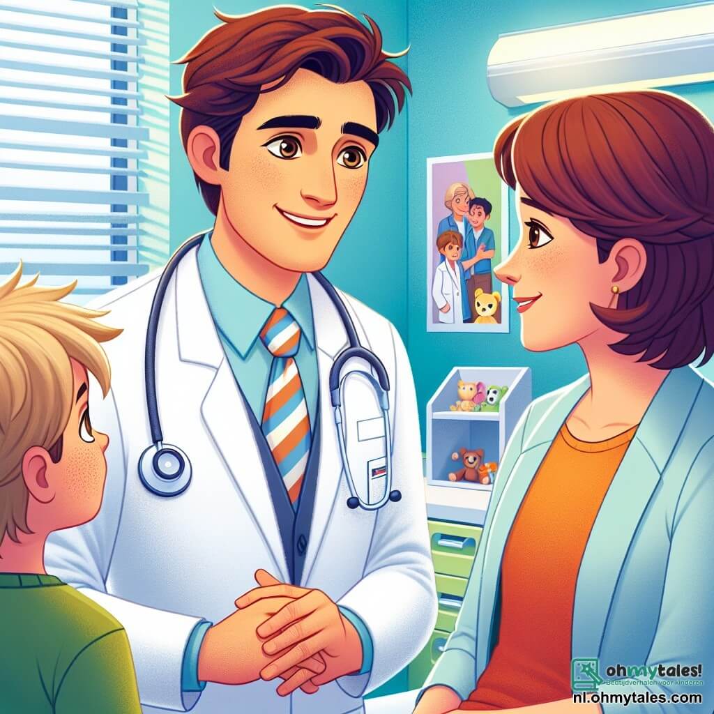 Een man, dokter Bas, glimlachend en vriendelijk, draagt een onberispelijke witte labjas en een stethoscoop om zijn nek. Hij heeft bruin haar en vriendelijke ogen en is aan het hurken om met een jonge jongen te praten. De jongen, Lars, acht jaar oud, met rommelig blond haar en een iets bleke huid, zit op een onderzoekstafel en kijkt de dokter nieuwsgierig aan met een lichte glimlach, hoewel hij een beetje bezorgd is. Zijn moeder, een vrouw van rond de dertig met kastanjebruin haar en een bril, staat naast hem met gekruiste armen en een uitdrukking van bezorgdheid maar ook hoop. De scène speelt zich af in een lichte onderzoekkamer van een ziekenhuis, met lichtblauwe muren, kleurrijke posters over de gezondheid van kinderen en verspreide speelgoedjes op een plank. Dokter Bas legt rustig aan Lars uit wat hij gaat doen om hem beter te laten voelen, terwijl hij geruststellende gebaren en een vriendelijke toon gebruikt, waardoor een warme en gastvrije sfeer ontstaat.