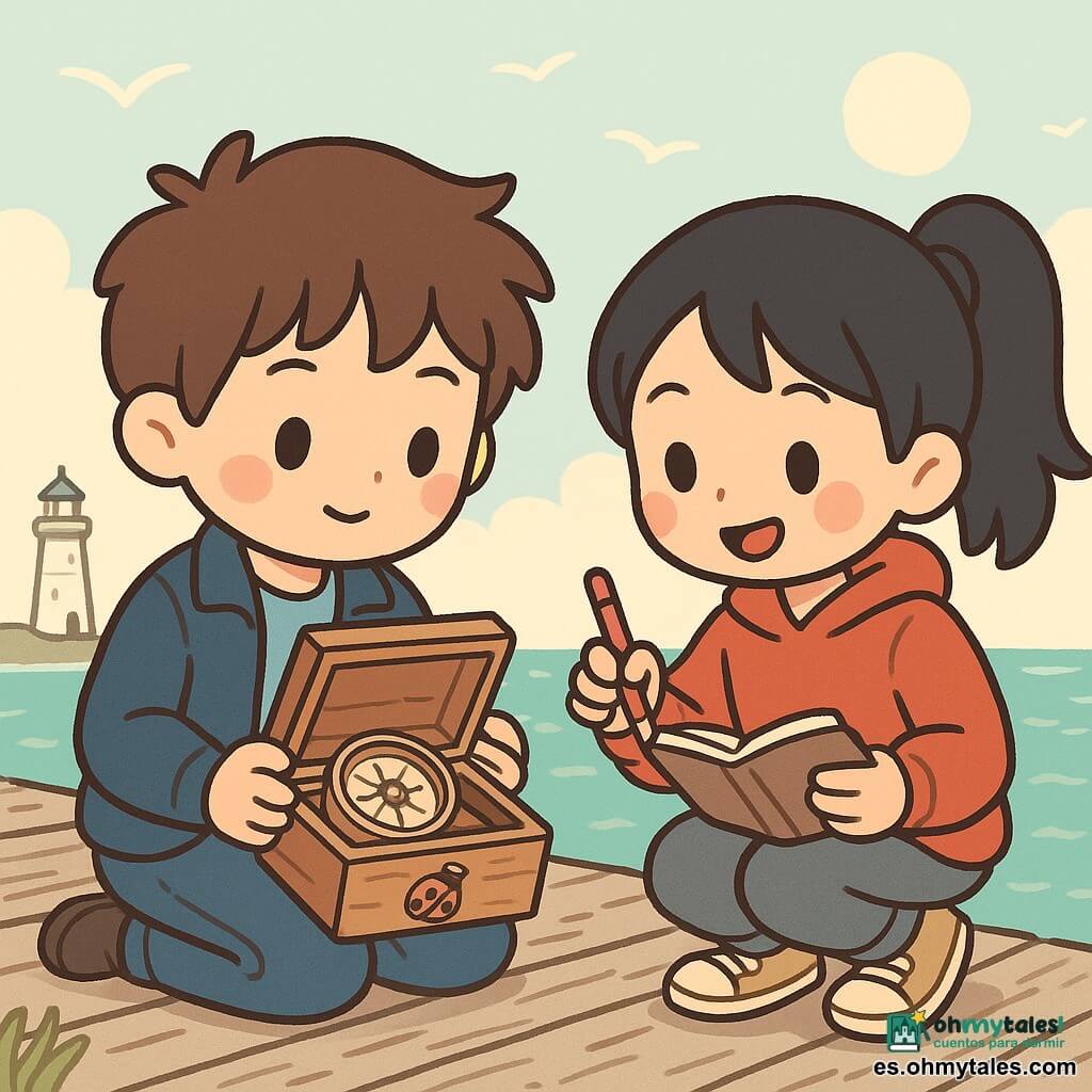 Hay dos personajes: Mateo, 12 años, pelo castaño despeinado, ojos curiosos, chaqueta azul marino y vaqueros, sentado a la izquierda del viejo muelle; y Luna, 12 años, pelo negro en coleta, sonrisa traviesa, sudadera roja y zapatillas gastadas, a la derecha inclinada sobre una caja. En un antiguo muelle de madera con tablas saladas y algas, al fondo un faro blanco algo desconchado sobre el mar azul verdoso y gaviotas en el cielo, los niños descubren una pequeña caja de madera decorada con una mariquita pintada que contiene una brújula antigua, un pequeño cuaderno y un hilo rojo; luz cálida de amanecer en sus rostros, asombro, aventura tranquila y amistad cómplice.