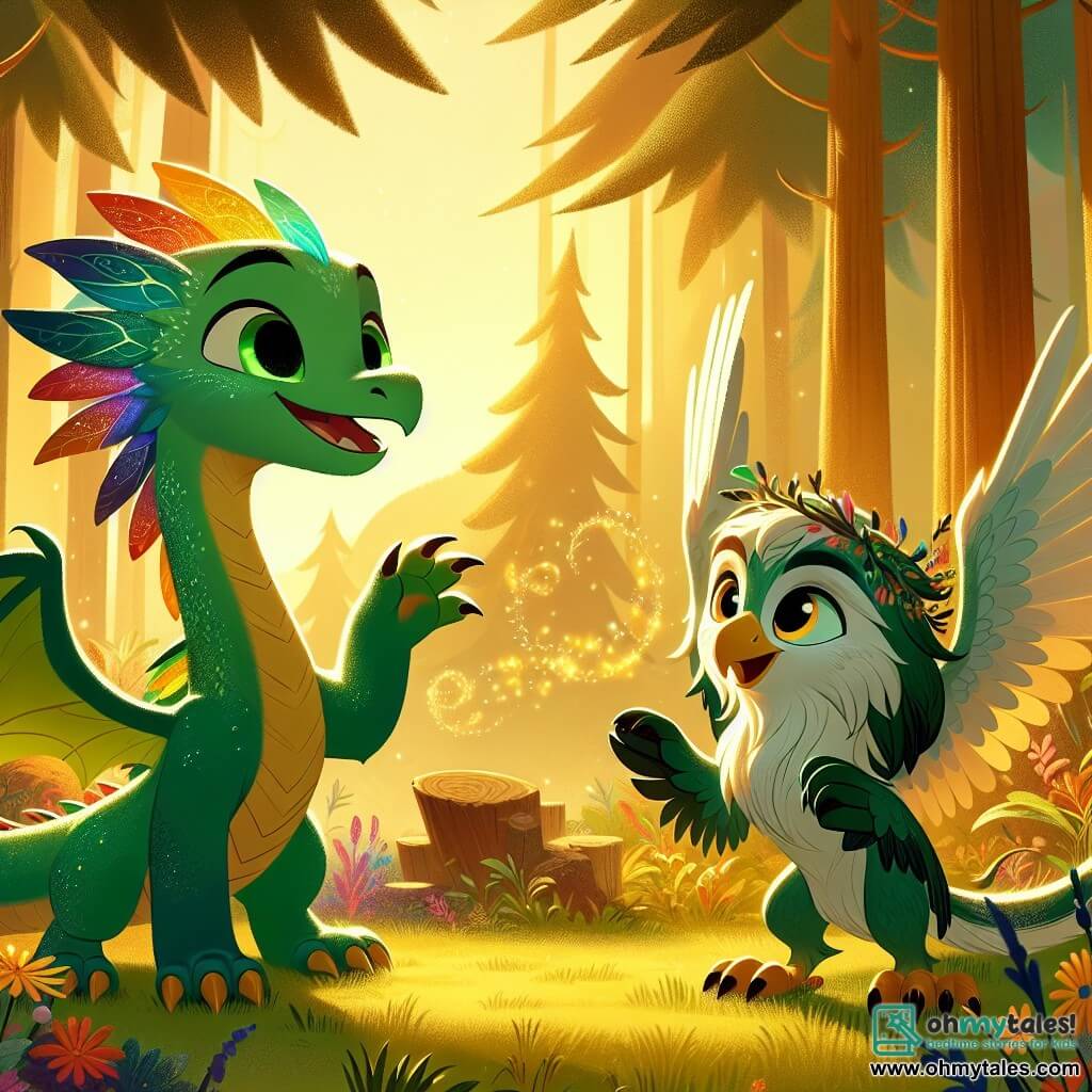 In a sunny clearing of the Whispering Forest, a young dragon named Ember, with shimmering emerald green scales, expresses radiant joy. His bright, curious eyes are fixed on his friend, and he smiles widely, his small wings spread out enthusiastically. Beside him, Zephyr, a griffon with colorful feathers, has the head of an eagle and the body of a lion, plays his magical instrument. He has a warm, playful look, his eyes lighting up with happiness as he creates an enchanting melody. The place is a vibrant clearing, surrounded by majestic trees with golden foliage, and colorful wildflowers dancing in the wind. The sun shines through the branches, casting soft shadows on the ground. The main scene shows Ember and Zephyr sharing a moment of camaraderie, celebrating their unique friendship and the beauty of their differences, while forest creatures surround them, listening in wonder to the music and stories they share.