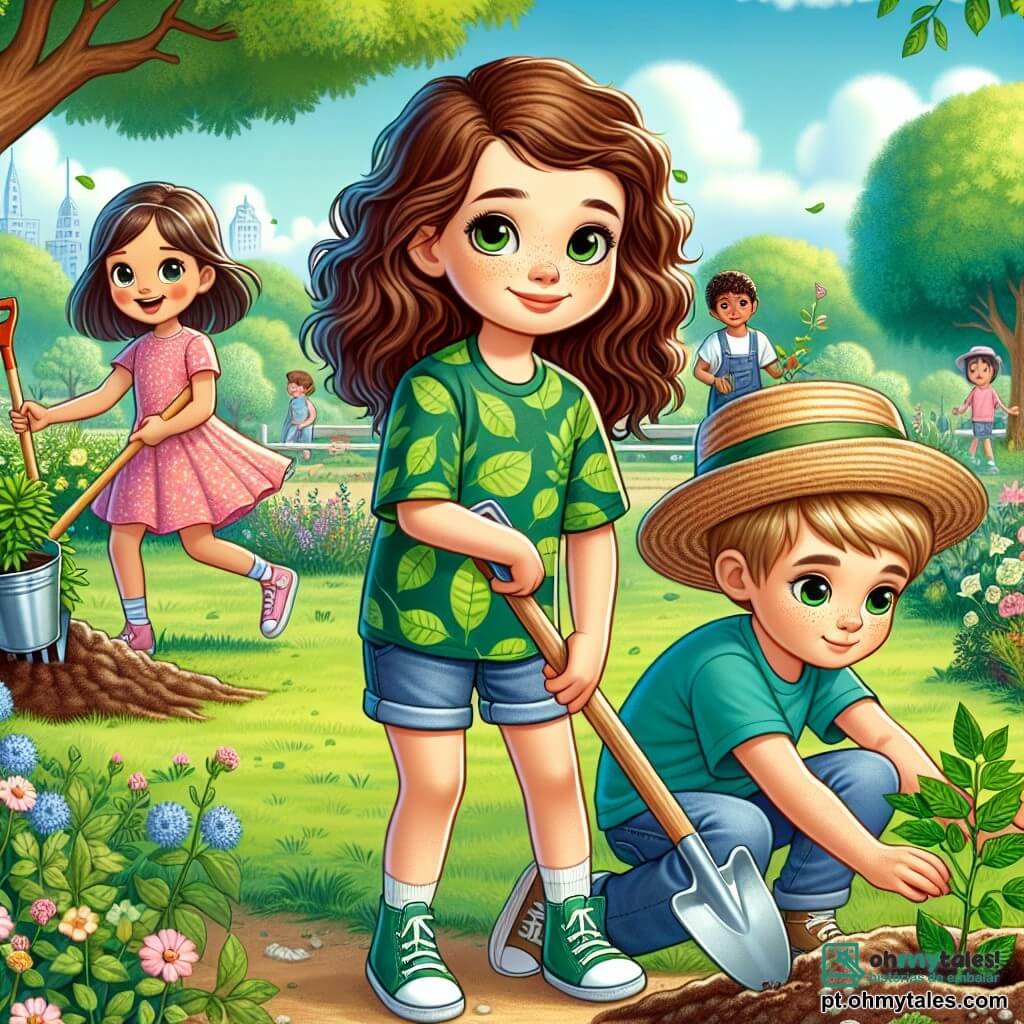 Uma menina de 12 anos, Ana, está no centro da imagem, com grandes olhos brilhantes e um sorriso determinado. Ela tem cabelos cacheados castanhos, usa uma camiseta verde com um padrão de folha e um short jeans. Ana está plantando uma jovem árvore no solo, cercada de terra e pequenas flores coloridas, mostrando seu compromisso com a proteção do meio ambiente. Ao lado dela, um menino de 11 anos, Pedro, com cabelos curtos e loiros, usa uma camiseta azul e um chapéu de palha. Ele segura uma pá, pronto para ajudá-la a cavar um buraco para outra planta. Um pouco mais longe, uma menina de 10 anos, Sofia, com cabelos longos e lisos, vestida com um vestido rosa, está recolhendo lixo no parque, com uma expressão concentrada. O local é um parque verdejante, com grandes árvores majestosas, flores vibrantes e um céu azul claro com nuvens brancas fofas. Ao fundo, um grupo de crianças brinca e ri, adicionando um clima alegre à cena. A situação principal mostra Ana e seus amigos unidos em um esforço coletivo para plantar árvores e limpar o parque, simbolizando sua determinação em lutar contra as mudanças climáticas e preservar a beleza do seu ambiente.