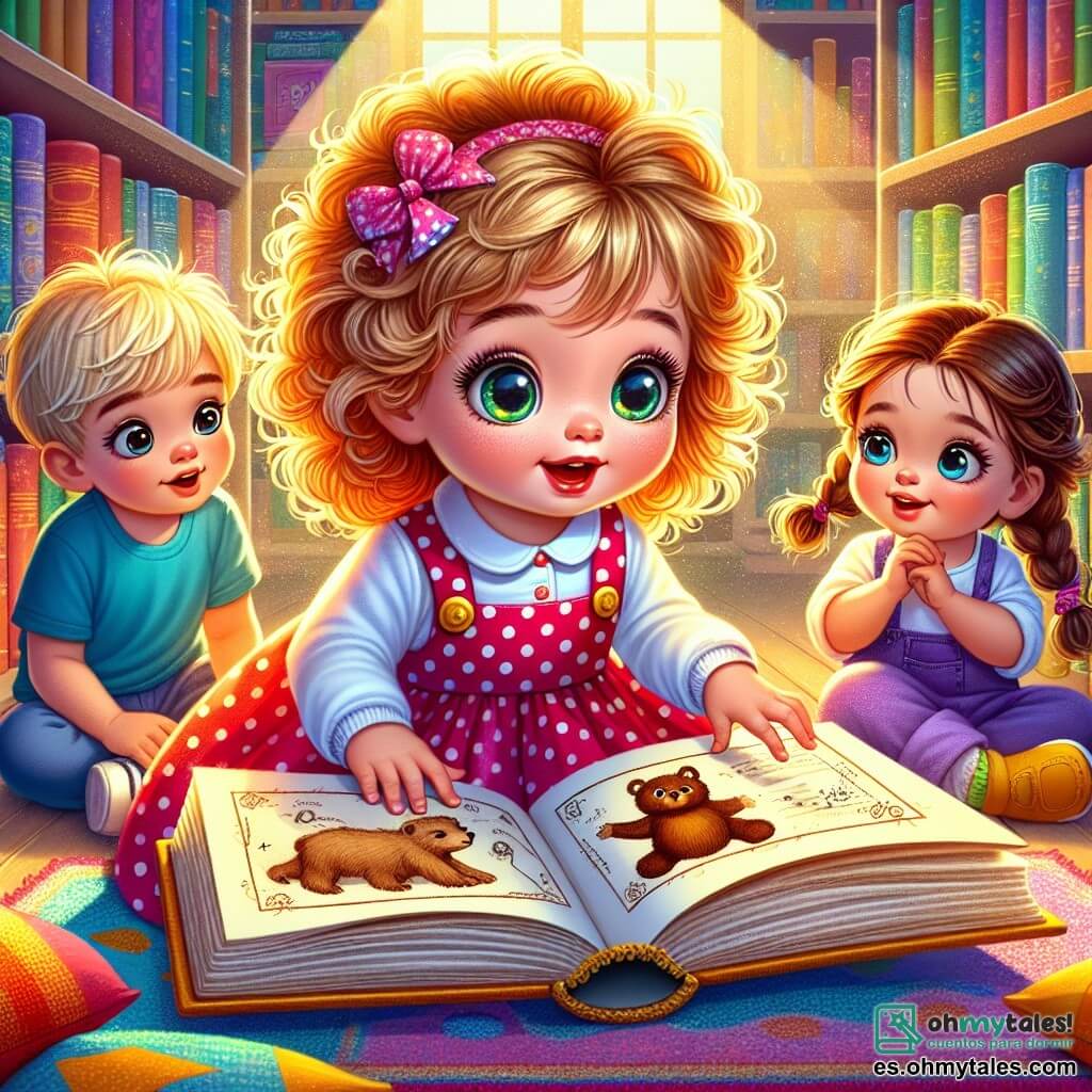 Una niña de 2 años, con grandes ojos brillantes y cabello rizado, está sentada en el suelo, maravillada, abriendo un gran libro polvoriento. Lleva un vestido rosa con lunares y zapatillas amarillas. A su lado, un niño de 3 años, con cabello rubio y una camiseta azul, mira el libro con curiosidad, mientras que una niña de 3 años, con trenzas marrones y una falda violeta, señala un dibujo de un oso en la página. La escena tiene lugar en una biblioteca colorida, llena de libros de cubiertas brillantes, pequeñas mesas de madera y cojines suaves esparcidos por el suelo. Rayos de luz entran por las ventanas, iluminando el lugar con un suave resplandor. Los niños están descubriendo un misterioso libro de historias, con rostros radiantes de emoción, mientras examinan un dibujo de un oso y un viejo mapa con huellas.