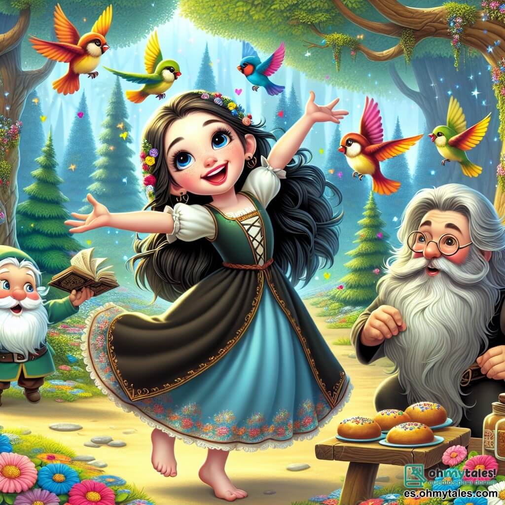 Blancanieves, una joven de unos 16 años, está en el centro de la escena, con su piel tan blanca como la nieve, labios rojos como cerezas y cabello negro como el ébano. Sonríe radiante, con ojos llenos de alegría, mientras baila con aves coloridas que vuelan a su alrededor, creando un ambiente de felicidad y magia. A su derecha, el primer enano, Sabio, un hombre de unos 50 años con barba gris larga y gafas redondas, observa con una sonrisa benevolente, sosteniendo un libro antiguo. A su izquierda, Tierno, un enano de unos 30 años con un rostro jovial y mejillas sonrosadas, prepara pasteles en una pequeña mesa de madera, añadiendo dulzura a la escena. El decorado es un hermoso bosque encantado, con majestuosos árboles de hojas verdes brillantes y flores multicolores en el suelo, mientras un arroyo brillante fluye suavemente cerca, añadiendo una melodía apacible al entorno. La escena principal muestra a Blancanieves bailando alegremente entre sus amigos, con los pájaros cantando a su alrededor, mientras los enanos la observan con admiración, creando un ambiente de camaradería y felicidad en este entorno de cuento de hadas.
