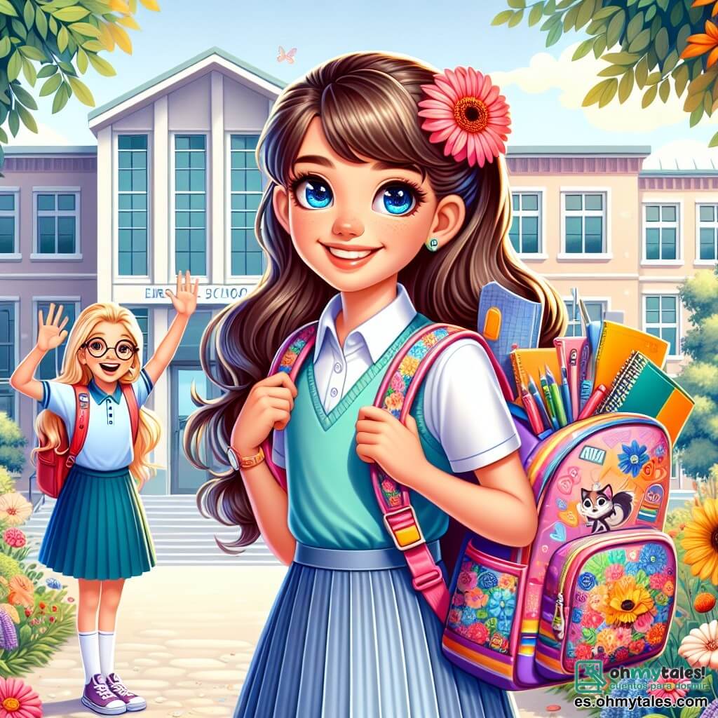Una niña de 12 años, Lucía, con largos cabellos castaños y ojos llenos de curiosidad, sonríe entusiasmada sosteniendo una mochila colorida llena de útiles escolares. Lleva un uniforme escolar azul claro, con una falda plisada y una camiseta blanca, y se encuentra frente a la entrada de su nuevo colegio. A su lado, otra niña, Ana, también de 12 años, con cabello rubio y gafas redondas, le hace un saludo con una gran sonrisa amistosa. Están en un camino bordeado de árboles, con flores coloridas que dan vida a la escena. Al fondo, el edificio de la escuela es moderno, con grandes ventanas y paredes pintadas de colores vivos. La situación principal muestra a Lucía y Ana, listas para entrar a la escuela, con expresiones de emoción y nerviosismo, simbolizando el comienzo de una nueva aventura escolar.