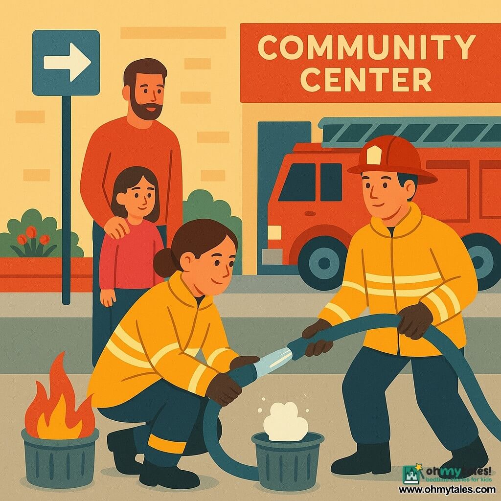 A smiling but focused female firefighter with brown hair in a bun, wearing a yellow protective jacket with reflective stripes, crouches and holds a hose that sprays a controlled pale-blue jet at a small burning metal bin; a relieved six-year-old girl in a pink jacket stands about two meters back holding her father's hand while he, a relaxed bearded man of about 35 with an arm around her, stands slightly left and thankful; a male firefighter colleague, Ben, around 30, helmeted and in turnout gear, stands to the right holding the hose ready to help; the scene is in front of a light-brick community center with a gray sidewalk, a flower box and signs, and a shiny red fire truck with a silver ladder in the background; a small orange flame leans with the wind as the water creates white steam and extinguishes it, calm mood, warm colors, flat blocks, clean contours and simplified textures for a clear, reassuring composition.