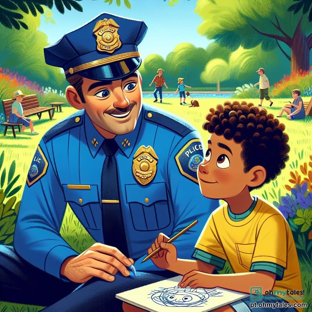 Um policial chamado Pedro está no centro da imagem, sorrindo calorosamente. Ele usa um uniforme azul vibrante com um distintivo brilhante no peito, um chapéu de policial bem ajustado e tem cabelos curtos e castanhos. Seus olhos brilham de bondade enquanto ajuda um menino, Miguel, de 8 anos, que está sentado na grama desenhando na areia. Miguel tem cabelos cacheados e usa uma camiseta amarela com um short azul. Ele olha para Pedro com admiração, segurando um graveto na mão para desenhar. O cenário é um parque ensolarado, cheio de vegetação exuberante, com árvores majestosas e flores coloridas. Crianças brincam ao longe e famílias aproveitam o dia ao ar livre. A situação principal mostra Pedro explicando a Miguel a importância das regras de segurança enquanto procuram um cachorrinho perdido, criando uma atmosfera de camaradagem e aprendizado.