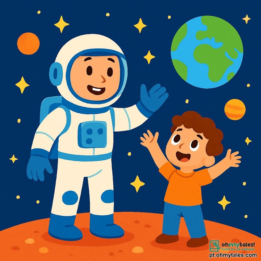 Um homem astronauta sorridente, vestindo um traje espacial branco e azul, está de pé na superfície de um planeta vermelho, com estrelas brilhantes ao fundo. Seu rosto está iluminado pela excitação, seus olhos brilham de alegria. Ao lado dele, um menino de 6 anos, com cabelos castanhos e cacheados, observa o céu com admiração, com os braços levantados como se quisesse tocar as estrelas. Ambos estão em um solo empoeirado, salpicado de pequenas pedras brilhantes. A cena principal mostra o astronauta explicando ao menino como ele vai explorar o espaço, com planetas coloridos e uma grande Terra azul visível ao longe.