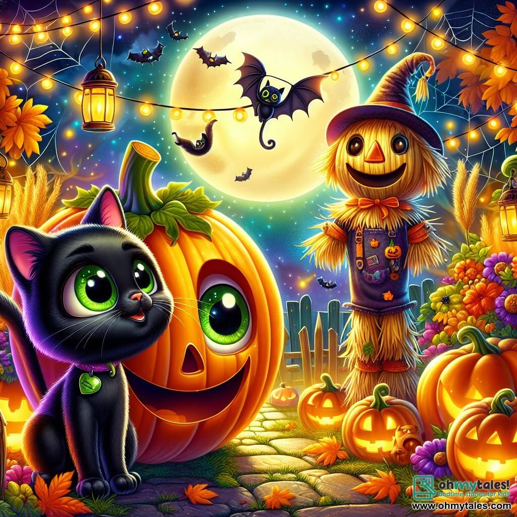 A big round pumpkin named Percy, with large curious eyes and a wide joyful smile, stands in the center of a Halloween-decorated garden, surrounded by orange string lights and fake spider webs. Next to him, a black cat named Whiskers, with shiny fur and sparkling green eyes, looks on excitedly, her tail in the air, ready to pounce. In the background, an old straw scarecrow, wearing a worn straw hat and button eyes, stands upright, displaying a friendly and encouraging expression. The garden is lit by the full moon, with golden autumn leaves and twinkling lanterns, creating a magical and festive atmosphere. Percy, holding a small shiny bell, prepares to ring it to awaken mysterious shadows, while children in colorful costumes dance joyfully around them, filling the air with laughter and Halloween songs.