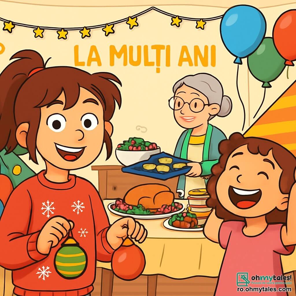 O fetiță de 12 ani, Mara, cu părul castaniu prins într-o coadă de cal dezordonată, zâmbește cu ochii strălucind de bucurie. Poartă un pulover roșu aprins decorat cu fulgi de zăpadă și ține în mâini decorațiuni de Crăciun, pregătită să înfrumusețeze camera. Lângă ea, surioara ei mai mică, Iza, de 8 ani, cu bucle brunete și o rochie roz, se distrează încercând o pălărie mare de sărbătoare în formă de ciorbă, râzând cu poftă. În fundal, bunica lor, o femeie în vârstă cu părul cărunt și ochelari, pregătește biscuiți în bucătărie, observând fetele cu un zâmbet afectuos. Scena se desfășoară într-un living călduros decorat pentru Anul Nou, cu ghirlande strălucitoare atârnate pe pereți, baloane colorate plutind de tavan și o masă mare plină de preparate delicioase. În centrul atenției, Mara și Iza se află în plină pregătire a sărbătorii, înconjurate de râsete și entuziasm, creând o atmosferă veselă și festivă.