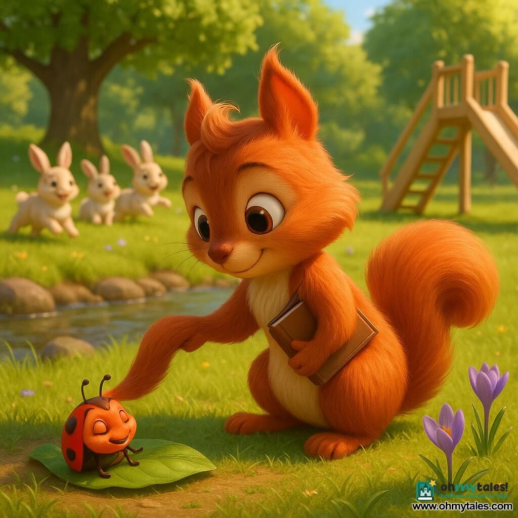 A small anthropomorphic red squirrel with silky fur and big bright eyes kneels on its hind legs, gently flipping a tiny red-and-black ladybug onto its back with the tip of its tail while holding a small brown notebook under its arm; the relieved ladybug rests on a green leaf, playful white and beige baby rabbits gambol in the grass in the left background, and the sunny spring park shows tender green grass, purple crocuses, a light wooden slide to the right, a large leafy oak behind, and a sparkling stream with smooth stones to the left.