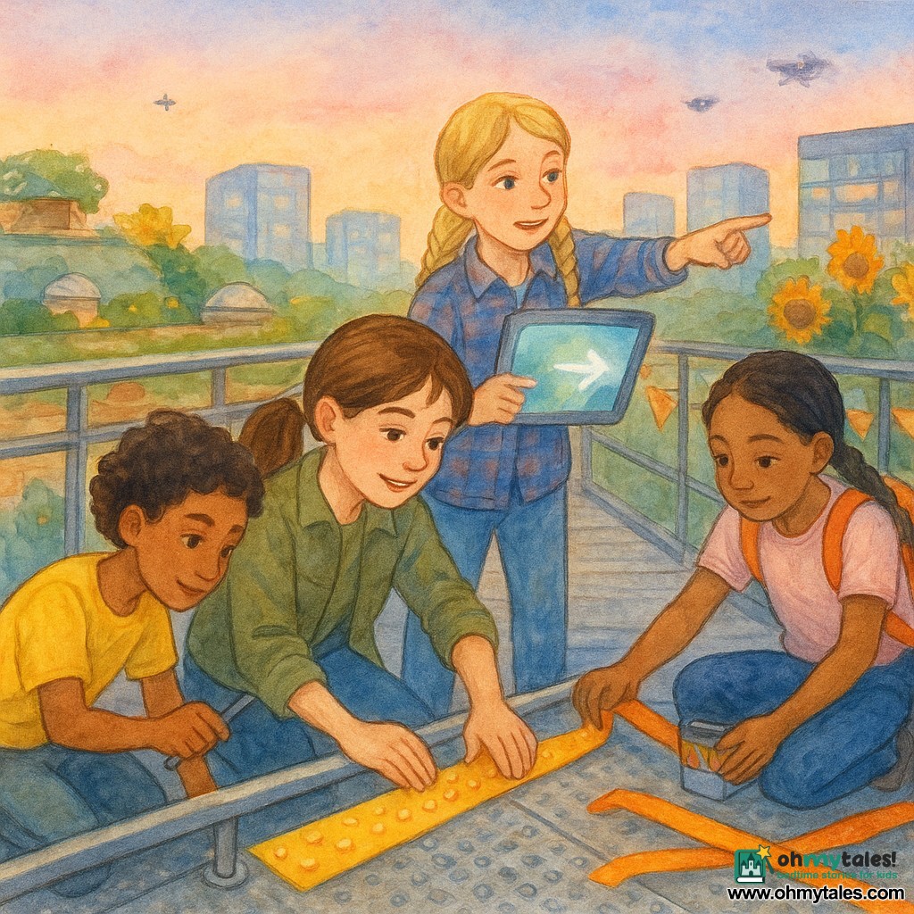Four girls repair and install tactile markers along a polished steel railing on a suspended skywalk between rooftop gardens: Mina (~11), brown hair in a ponytail, kneels in the foreground pressing a dotted tactile strip to the railing; Jada (~11), warm-toned skin and short curly hair, crouches left of Mina holding a small silver tool and inspecting the railing joint; Solène (~12), blonde with thin braids and a plaid shirt, stands behind Mina pointing a direction while looking at a tablet with a glowing map; Inez (~11), black braided hair and a small orange backpack, stands right, laying orange ribbons along the ground and holding a box of tactile markers. Textured metal planks, basil and sunflower planters on rooftops, glass towers reflecting the sunset, banners and small hive domes, peach-and-lavender sky and tiny hovering drones frame a warm, focused scene as they prepare the neighborhood for a floating lantern festival over the river.