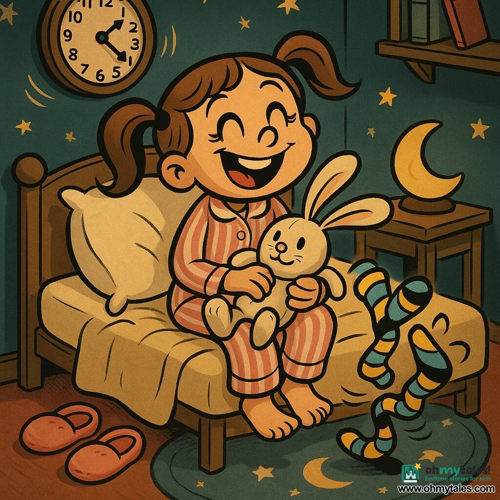 A joyful, dreamy 10-year-old girl with light brown pigtails and sparkling eyes sits in the center of the bed in pink-and-white striped pajamas, holding a plush; the plush, Sir Flop, is a cream fabric rabbit with floppy ears and button eyes, resting on her tummy and slightly dented; a pair of animated striped socks, one yellow and one blue, twist beside her feet, comically balanced, while pink fuzzy slippers lie on the rug near the bed, one tipped; a white fluffy pillow with rounded corners rests behind her head, slightly flattened; above the bed is a round light-wood wall clock with black hands, hand-drawn numbers, a small smiling expression and visible ticking waves; the cozy, colorful room has navy walls dotted with painted stars, a moon-pattern rug, a yellow moon nightlight on the bedside table and a shelf of slightly open books; the main scene is a funny, tender "parade of sleepy things," all collapsed in a soft heap on the bed around the girl, with warm contrasting colors, curved movement and soft shadows.