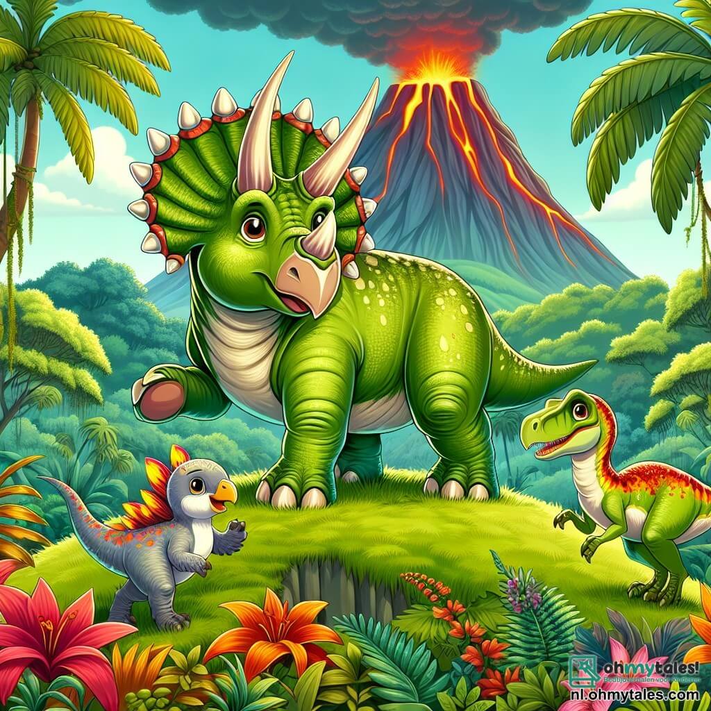 Een triceratops genaamd Trixie, met een glanzende groene huid en drie majestueuze hoorns, staat trots op de top van een heuvel met een uitdrukking van vastberadenheid en moed. Naast haar staat een kleine stegosaurus genaamd Steggy, met kleurrijke rugplaten en een bezorgde blik, die om zich heen kijkt alsof hij zijn familie zoekt. Iets verderop is er een velociraptor genaamd Vicky, met levendige veren en een ondeugende glimlach, klaar om te springen, wat een energieke sfeer aan de scène toevoegt. De achtergrond is een weelderige jungle, vol grote varens, heldere bloemen en rokende vulkanen aan de horizon, wat een magische en mysterieuze sfeer creëert. De hoofdsetting toont Trixie, Steggy en Vicky verenigd, klaar om de uitdagingen van de vulkanen aan te gaan, met een voelbaar gevoel van avontuur en vriendschap in de lucht.