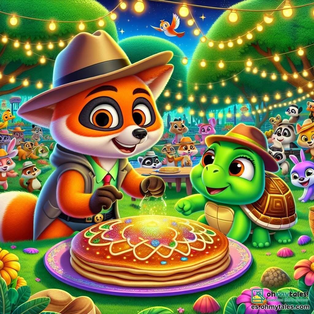 Don Zorro, un zorro detective de ojos traviesos y pelaje naranja brillante, se encuentra en el centro de la escena, sosteniendo una galleta mágica brillante entre sus patas delanteras, con una gran sonrisa de satisfacción en su rostro. A su lado, Doña Tortuga, una tortuga sabia con un caparazón colorido y gafas redondas, mira la galleta con asombro, sus ojos brillando de alegría. El escenario se desarrolla en un parque urbano animado, donde árboles de hojas verdes exuberantes rodean una gran mesa decorada con guirnaldas luminosas, y animales de todo tipo bailan y se divierten a su alrededor. La escena está llena de colores vivos, con aves cantoras posadas en las ramas, añadiendo un toque de magia a la atmósfera festiva. La situación principal muestra a Don Zorro y Doña Tortuga celebrando el regreso de la galleta mágica, rodeados de sus amigos animales, en un ambiente alegre y lleno de vida, listos para comenzar la gran fiesta.