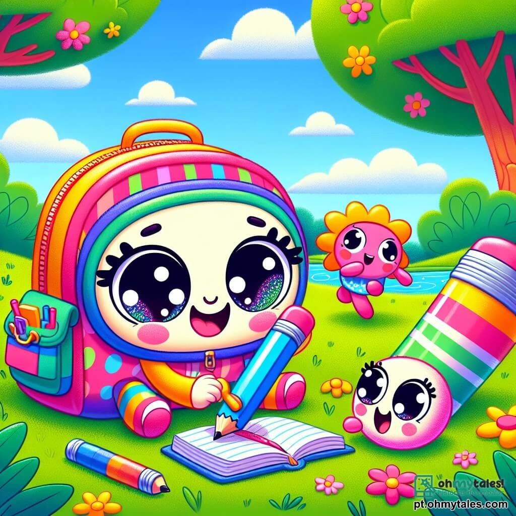 Momo, a pequena mochila curiosa, está no centro da imagem, com um grande sorriso e olhos brilhantes de excitação. Ela é colorida, com padrões vibrantes e bolsos cheios de materiais escolares. Momo está agachada na grama, examinando um bonito lápis azul que brilha ao sol. Ao lado dela está um caderno com capa listrada, olhando para o lápis com um ar intrigado e entusiasmado. Ele está aberto, pronto para anotar sobre a investigação. Um pouco mais longe, a borracha, uma goma rosa em forma de nuvem, pula de alegria, com os olhos arregalados, segurando uma pequena pedra brilhante que encontrou. O cenário é um parque ensolarado, com uma grande árvore de folhas verdes luxuosas, um lago cintilante ao fundo e flores coloridas espalhadas pela grama. A cena transmite uma atmosfera alegre e de aventura, mostrando Momo e seus amigos em plena investigação, examinando o lápis azul e discutindo sua próxima descoberta, prontos para resolver o mistério ao seu redor.