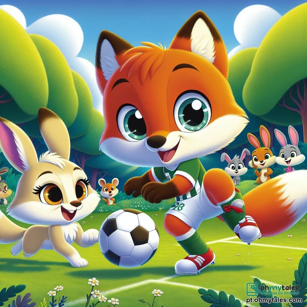Rique, uma pequena raposa de pelagem laranja vibrante e olhos curiosos, está driblando uma bola de futebol em um campo verde, com um grande sorriso no rosto, mostrando seu entusiasmo e determinação. Ao seu lado, Lila, uma adorável raposa de pelagem creme e olhos brilhantes, está pronta para receber o passe, exibindo uma expressão de concentração e alegria, enquanto se posiciona levemente à frente, pronta para marcar um gol. O campo é cercado por árvores majestosas com folhas verdes brilhantes, e animais da floresta, como coelhos e pássaros, estão reunidos ao redor, aplaudindo e incentivando os jogadores com sorrisos entusiasmados. A cena acontece sob um céu azul claro, com algumas nuvens brancas fofas, criando uma atmosfera alegre e amigável. A situação principal mostra Rique e Lila em um jogo de futebol, ilustrando o espírito de equipe e a igualdade de gêneros, enquanto se preparam para marcar um gol juntos, simbolizando a unidade e a camaradagem entre todos os animais da floresta.
