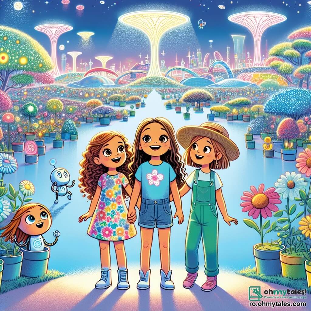 În centrul imaginii, trei fete de 9 ani stau împreună, fascinată. Camelia, cu părul creț și brunet, poartă o rochie colorată cu motive florale. La dreapta ei, Ana, cu părul drept și blond, este îmbrăcată cu un tricou albastru și o pereche de pantaloni scurți din denim, zâmbind entuziast. La stânga, Livia, cu părul castaniu și ondulat, poartă o salopetă verde și o pălărie de paie, având ochii strălucind de entuziasm. În spatele lor, Grădina Inteligentă se întinde la orizont, un peisaj futurist unde plantele plutesc în ghivece luminoase și copacii cu frunze multicolore dansează ușor în vânt. Roboți grădinari, cu forme prietenoase, se ocupă de florile strălucitoare, adăugând o notă de magie acestei scene. Fetele, fascinată, observă un copac cu frunze albastre strălucitoare, în timp ce un robot grădinar udă delicat o plantă vecină. Atmosfera este veselă și plină de descoperiri, simbolizând armonia dintre natură și tehnologie în această lume futuristă.