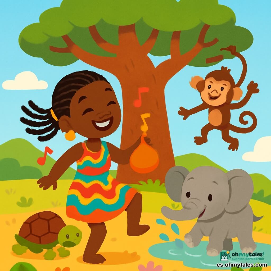 Awa, una joven africana con una sonrisa radiante y ojos brillantes, baila alegremente bajo un gran baobab, con una calabaza en la mano. Lleva un vestido colorido con patrones vibrantes, y su cabello está trenzado con cuidado, flotando suavemente en el viento. Junto a ella, una tortuga sabia y amigable, con un caparazón verde y marrón, avanza lentamente, emitiendo pequeños ruidos al caminar. Un poco más lejos, un elefante gris, con grandes orejas y ojos curiosos, salpica agua con sus patas, mientras un mono travieso, con pelaje marrón y una larga cola, salta de rama en rama, riendo alegremente. El escenario es un paisaje africano soleado, con colinas verdes en el horizonte, un cielo azul brillante y flores coloridas que salpican el suelo. La escena está llena de alegría y música, donde Awa y sus amigos crean un ritmo contagioso, celebrando la amistad y la belleza de la naturaleza.