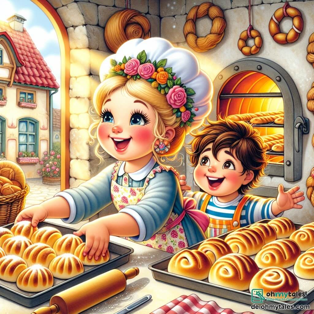 Eine lächelnde Frau, die Bäckerin Frau Brötchen, steht im Mittelpunkt der Szene. Sie hat blonde Haare im Dutt, trägt eine blumige Schürze und hat rosige Wangen. Sie holt goldene Brötchen aus dem Ofen, mit einem Ausdruck von Freude und Stolz im Gesicht. Neben ihr beobachtet ein etwa 8-jähriger Junge namens Max mit zerzausten braunen Haaren und einem gestreiften Hemd aufmerksam den Backprozess, seine Augen weit vor Staunen. Etwas weiter entfernt rollt ein 8-jähriges Mädchen namens Mia mit langen, lockigen Haaren und einem rosa Kleid Teig mit einem Nudelholz aus, ein großes Lächeln auf den Lippen. Die Szene spielt sich in einer charmanten Bäckerei mit rotem Dach und bunten Fenstern ab. Die Wände sind mit Körben voller Brot und Croissants dekoriert, und die Luft ist erfüllt von dem köstlichen Duft von frischem Brot und Gebäck. Die Hauptsituation zeigt Frau Brötchen, Max und Mia, die gemeinsam Brötchen zubereiten, lachen und Spaß haben, während das Morgenlicht durch die Fenster strömt und eine warme, einladende Atmosphäre schafft.
