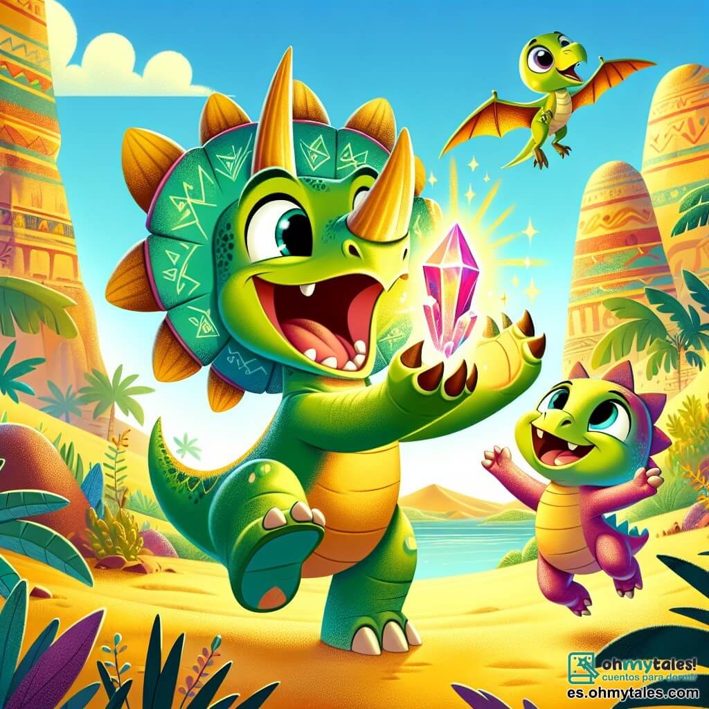 Un triceratops llamado Tito, con piel verde brillante y tres cuernos afilados en su cabeza, expresa gran alegría al sostener un cristal brillante entre sus patas delanteras. A su lado, su hermanita Lila, una joven dinosauria de color rosa con grandes ojos curiosos, salta de felicidad, con los brazos levantados hacia el cielo. En el fondo, su mamá, una triceratops dulce y protectora, los observa con una sonrisa benevolente, mientras que su papá, fuerte e imponente, se mantiene cerca de ellos, listo para protegerlos. El escenario es un antiguo desierto soleado, salpicado de grandes rocas coloridas y plantas verdes exuberantes, con una duna de arena dorada en el horizonte. La situación principal muestra a Tito y Lila descubriendo el cristal mágico, rodeados de su familia, en un momento de compartir y felicidad, mientras un pterosaurio curioso, llamado Peto, se acerca a ellos, intrigado por la belleza del cristal.