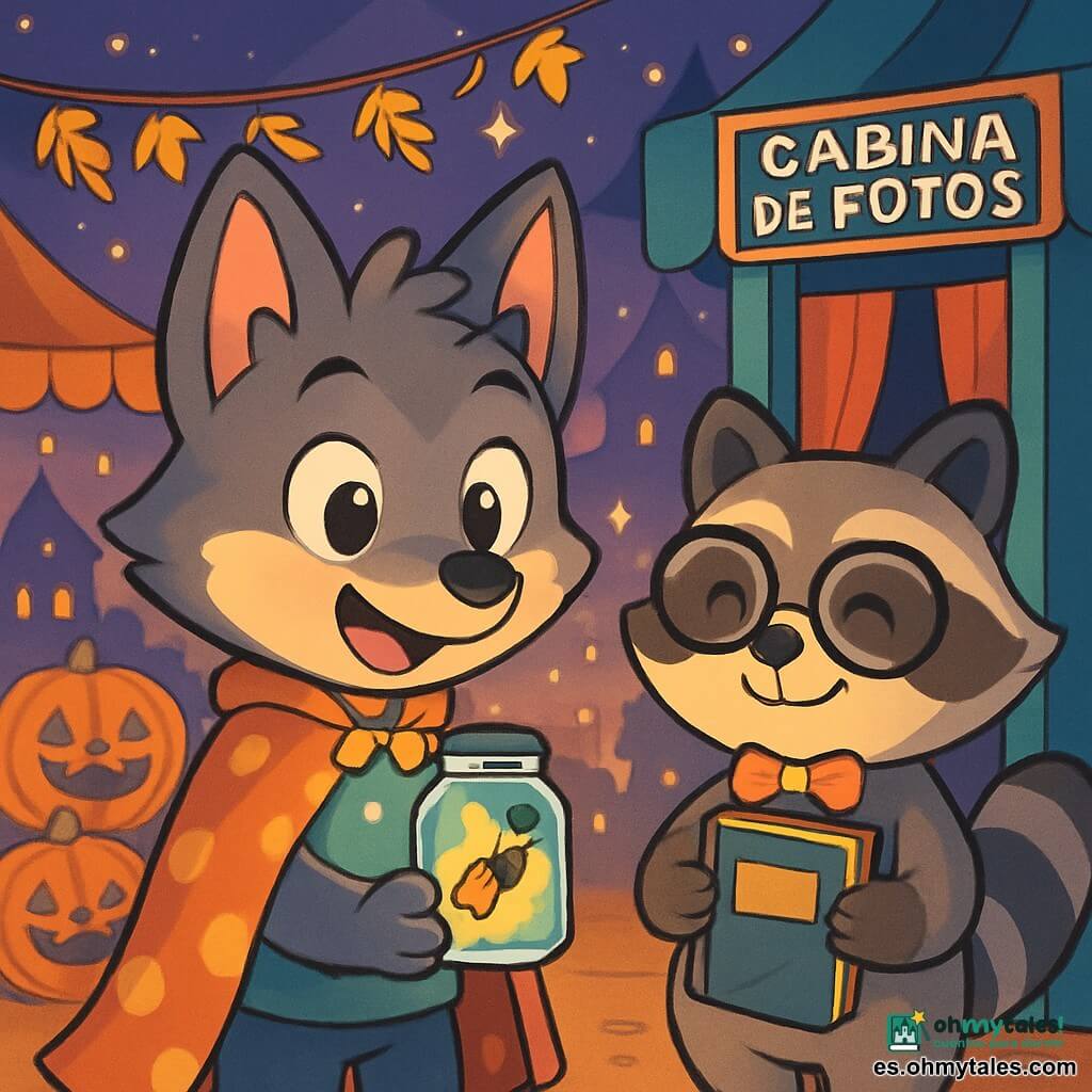Un pequeño lobo con grandes orejas puntiagudas, llevando una capa morada con lunares dorados, se encuentra en el centro de la escena, con los ojos brillantes de curiosidad y una sonrisa alegre en el rostro. Sostiene delicadamente un frasco de vidrio que contiene una luciérnaga que brilla con una suave luz amarilla, iluminando su cara con un resplandor cálido. A su lado, un mapache con gafas redondas y una pajarita brillante sonríe con orgullo, sosteniendo un viejo cuaderno en sus patas. Parece feliz y satisfecho, observando al lobo con benevolencia. En el fondo, calabazas sonrientes decoran el suelo, mientras que guirnaldas de hojas doradas flotan en el aire. La escena transcurre en una feria de Halloween encantada, llena de luces centelleantes, puestos coloridos y criaturas fantásticas. Sombras bailan alrededor, creando una atmósfera mágica y misteriosa. El pequeño lobo y el mapache se preparan para entrar en una cabaña de fotos, donde recuerdos y secretos esperan ser descubiertos, mientras la luciérnaga brilla intensamente, lista para iluminar su aventura.