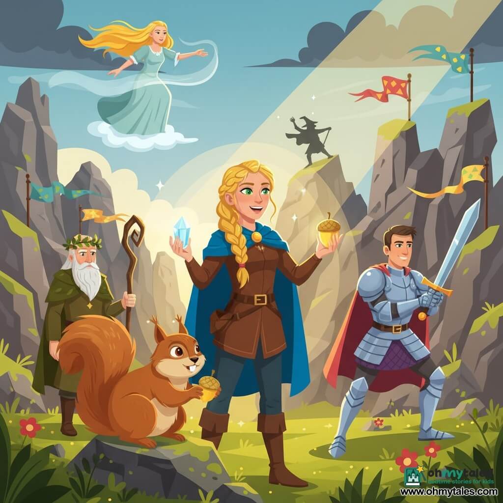 Elara, about 18–20, determined joyful face, braided golden hair, bright emerald eyes, blue coat and leather tunic, holding a glowing crystal in one hand and a sparkling golden acorn in the other, stands center in a courageous pose; Queen Aurelia, about 30–35, long golden hair, pale flowing gown, on a small cloud platform rear-left, benevolent expression, hand extended as if sending wind; King Thistle, about 60, thick white beard and green leaf crown, brown forest robe, holding a gnarled staff rear-left near Elara, wise reassuring air; Sir Cedric, about 35–40, shining armor, sword raised, rear-right protective ready-to-fight stance; a large mischievous-eyed squirrel sits beside Elara with a paw on a stone; setting: a jagged mountain pass with colorful flags, dark clouds on the horizon pierced by golden light rays, mossy ground with small glowing flowers; scene: the heroes face the fleeing shadow of a sorcerer, warm light from the golden acorn forms a protective shield around the group, mood of victory, vivid colors and strong contrasts, expressions of unity and triumph.