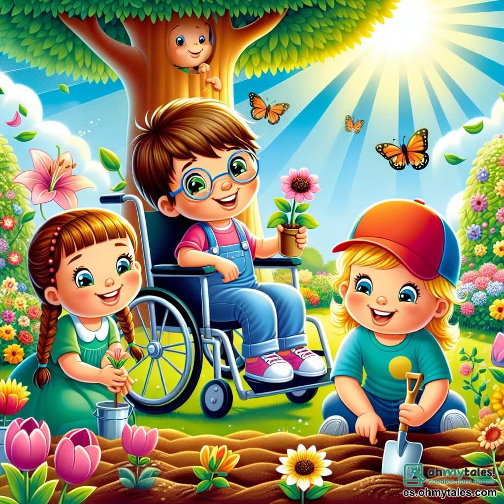 En primer plano, tres niños están plantando flores en un jardín soleado. Lucas, un niño de 8 años con cabello castaño y gafas, está sentado en su silla de ruedas, sonriendo y sosteniendo una pequeña pala. A su derecha, Sofía, una niña de 7 años con trenzas amarillas y un vestido rosa, está plantando semillas de girasol, con los ojos brillantes de emoción. A la izquierda, Tomás, un niño de 8 años con una gorra roja y una camiseta azul, está cavando un hoyo para plantar un tulipán, con una gran sonrisa en el rostro. El jardín está lleno de flores coloridas, vegetación exuberante y rayos de sol que iluminan la escena. Mariposas vuelan alrededor de los niños, añadiendo un toque de magia al paisaje primaveral. En el fondo, se puede ver un gran árbol con hojas verdes y un cielo azul claro salpicado de nubes blancas y esponjosas. La imagen muestra a los niños en plena actividad, riendo y ayudándose mutuamente para crear un hermoso jardín, simbolizando la amistad y la alegría de la primavera.