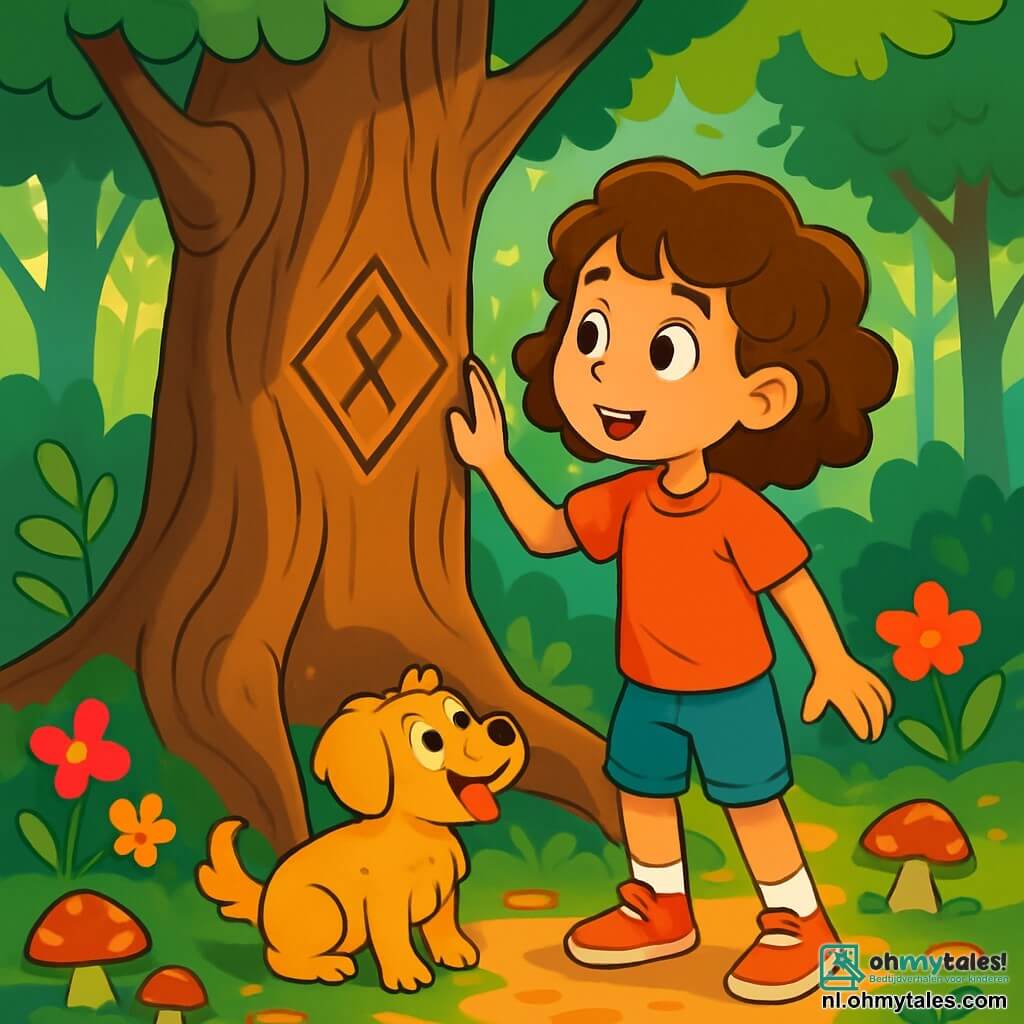 Een 8-jarig meisje, Lotte, met krullend kastanjebruin haar en nieuwsgierige ogen, staat voor een oude, knoestige boom in een weelderig bos. Haar gezicht straalt opwinding en verwondering uit terwijl ze een mysterieus symbool in de schors bestudeert. Aan haar voeten kijkt een ondeugende, goudkleurige hond met glanzende ogen naar haar, klaar om haar op avontuur te vergezellen. Het bos is dicht, met zonnestralen die door de bladeren filteren en lichte patronen op de met bladeren bedekte grond creëren. Kleurrijke bloemen en vreemde paddenstoelen sieren het landschap, wat een vleugje magie aan de omgeving toevoegt. Lotte ontdekt het mysterieuze symbool op de boom, wat haar aanzet tot een zoektocht naar een verborgen schat, vol enthousiasme en vastberadenheid.