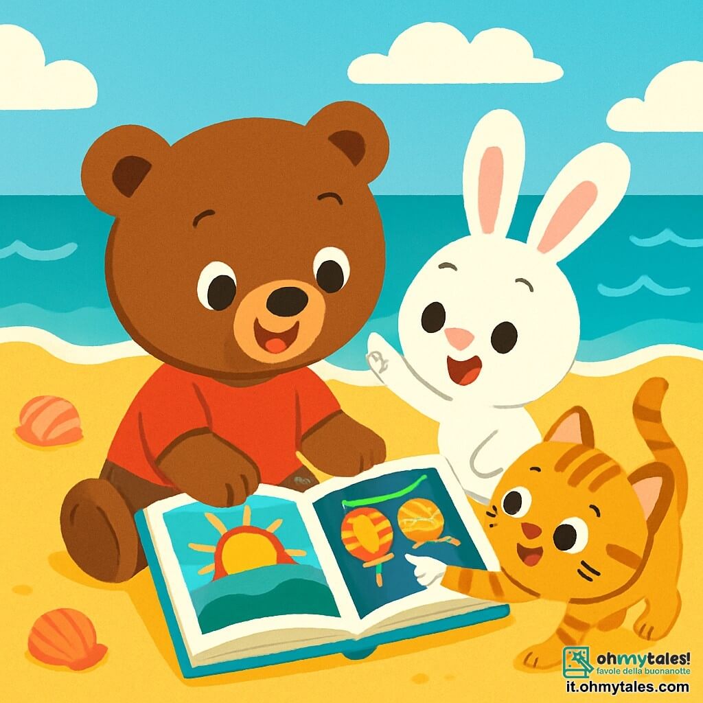 Un piccolo orso bruno di nome Bobo, con un pelo morbido e occhi brillanti di curiosità, è seduto sulla sabbia dorata della spiaggia, sorridendo gioiosamente mentre guarda un libro pieno di immagini colorate. Accanto a lui, un coniglietto bianco di nome Lillo, con grandi orecchie e un'aria eccitata, salta di gioia indicando un'immagine di lanterne luminose nel libro. Non lontano, una gattina tigrata di nome Mimi, con uno sguardo meravigliato e la coda in alto, si avvicina per vedere meglio le illustrazioni. Il contesto è una spiaggia soleggiata, con onde turchesi che si infrangono dolcemente sulla riva, conchiglie colorate sparse sulla sabbia e un cielo blu punteggiato da alcune nuvole bianche e soffici. La scena principale mostra Bobo e i suoi amici che scoprono insieme immagini di vacanze estive, circondati da risate e gioia, pronti a divertirsi e a sognare avventure.