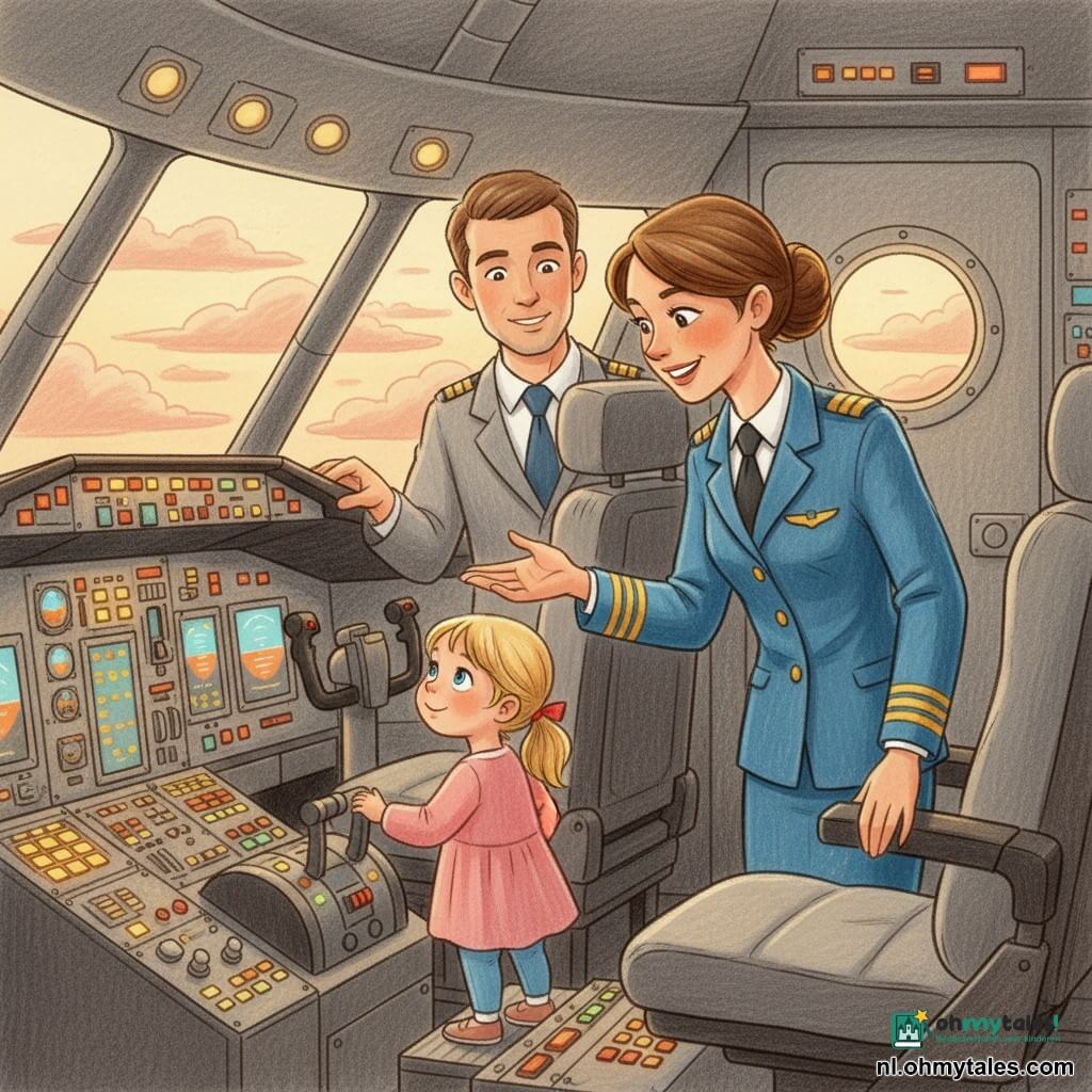 Een vriendelijke volwassen vrouwelijke piloot met kastanjebruin haar in een knot en een blauwe kapiteinsjas met gouden epauletten staat in de deuropening van de cockpit en reikt naar een 6-jarig blond meisje met een rood lint, dat verwonderd op de trede staat met haar handen op de deurrand terwijl ze naar de knoppen kijkt; een mannelijke copiloot van circa 30 jaar met kort bruin haar staat iets achterin, glimlachend met hand op een hefboom; de cockpit toont grijze leren stoelen, panelen vol kleurrijke knoppen en lampjes, hendels en een groot raam met een zachte zonsondergang en roze wolken — een warm, rustig moment net na de landing waarin de piloot vriendelijk de instrumenten uitlegt, in zachte kleuren en scherpe lijnen met potloodachtige textuur.