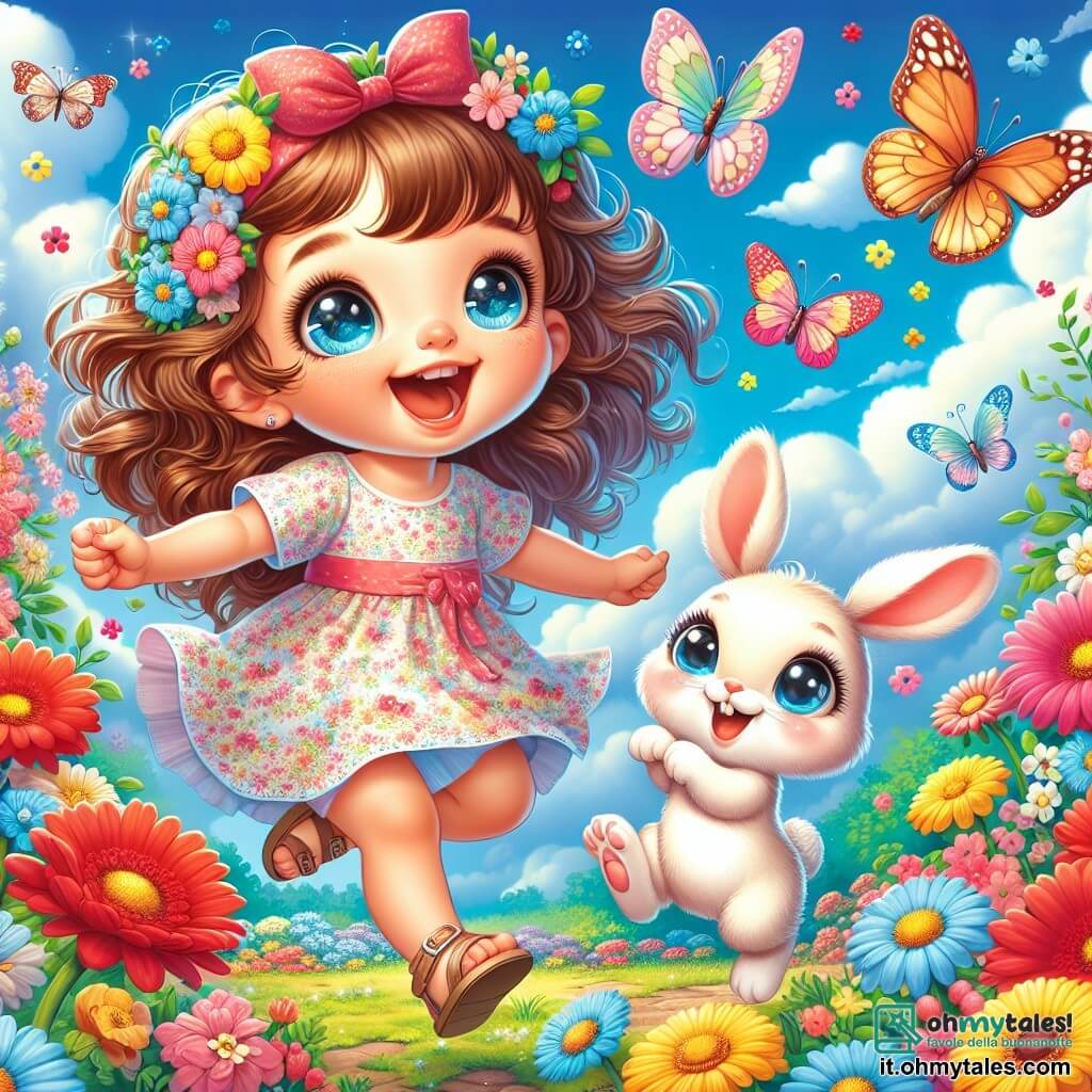 Una bambina di 2 anni, di nome Sofia, con grandi occhi brillanti e capelli ricci castani, sorride gioiosamente saltando tra fiori colorati. Indossa un vestito leggero a fiori e sandali. Accanto a lei, un piccolo coniglio bianco con grandi orecchie sembra giocare saltellando intorno a Sofia, aggiungendo un tocco di magia alla scena. Lo sfondo è un giardino primaverile splendente, pieno di fiori dai colori vivaci come rosso, giallo e blu, sotto un cielo azzurro chiaro punteggiato da alcune nuvole bianche e soffici. Farfalle multicolori volano intorno, creando un'atmosfera gioiosa e vivace. La scena principale mostra Sofia che ride e tende la mano verso una bella farfalla che vola vicino a lei, mentre il coniglio, curioso, la osserva con occhi scintillanti. È un momento di puro felicità e scoperta nella magia della primavera.