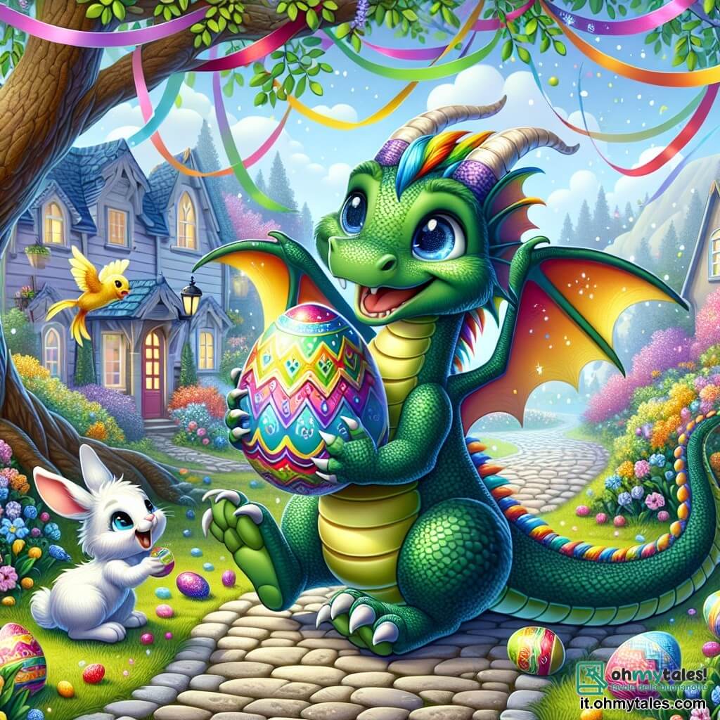 Un piccolo drago dalle squame verde smeraldo, con ali arcobaleno, sorride gioiosamente mentre tiene un grande uovo di Pasqua decorato con colori vivaci e scintillanti. I suoi occhi brillano di eccitazione e curiosità mentre guarda intorno a sé. Accanto a lui, un adorabile coniglietto dalle grandi orecchie bianche e pelo morbido, con un'espressione birichina, salta felicemente cercando altri uova nascoste nell'erba. Un piccolo uccellino giallo, appollaiato su un ramo, cinguetta allegramente, osservando la scena con uno sguardo giocoso. La scena si svolge in un incantevole villaggio primaverile, dove fiori colorati fiancheggiano i sentieri acciottolati e festoni di nastri sventolano nel vento. Sullo sfondo, case dalle facciate pastello aggiungono un tocco di magia all'atmosfera festiva. La situazione principale mostra il drago e i suoi amici che scoprono l'uovo magico di Pasqua, circondati da risate e un'atmosfera gioiosa, pronti a iniziare la grande caccia alle uova.