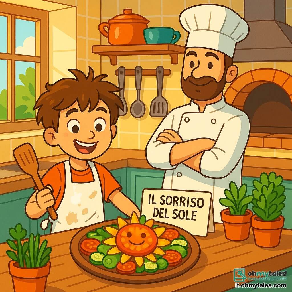 Giovanni, un ragazzo di otto anni con capelli castani disordinati e occhi pieni di curiosità, è in piedi in una cucina animata, con un ampio sorriso sul volto e una spatola di legno in mano. Indossa un grembiule bianco macchiato di farina e davanti a lui c'è un piatto colorato, "Il sorriso del sole", pieno di verdure fresche e pomodori succosi. Accanto a lui, un cuoco adulto, un uomo di circa quarant'anni con un cappello bianco e una barba curata, osserva Giovanni con orgoglio, le braccia incrociate e un sorriso benevolo. La cucina è luminosa e accogliente, con pareti di piastrelle gialle e mensole piene di utensili da cucina colorati. Vasi di erbe fresche sono disposti sul piano di lavoro in legno e una grande finestra lascia entrare la luce del sole. Giovanni sta preparando il suo piatto per un concorso culinario, immerso in un'atmosfera di creatività ed eccitazione, concentrato sulla presentazione per impressionare la giuria con il suo talento culinario.