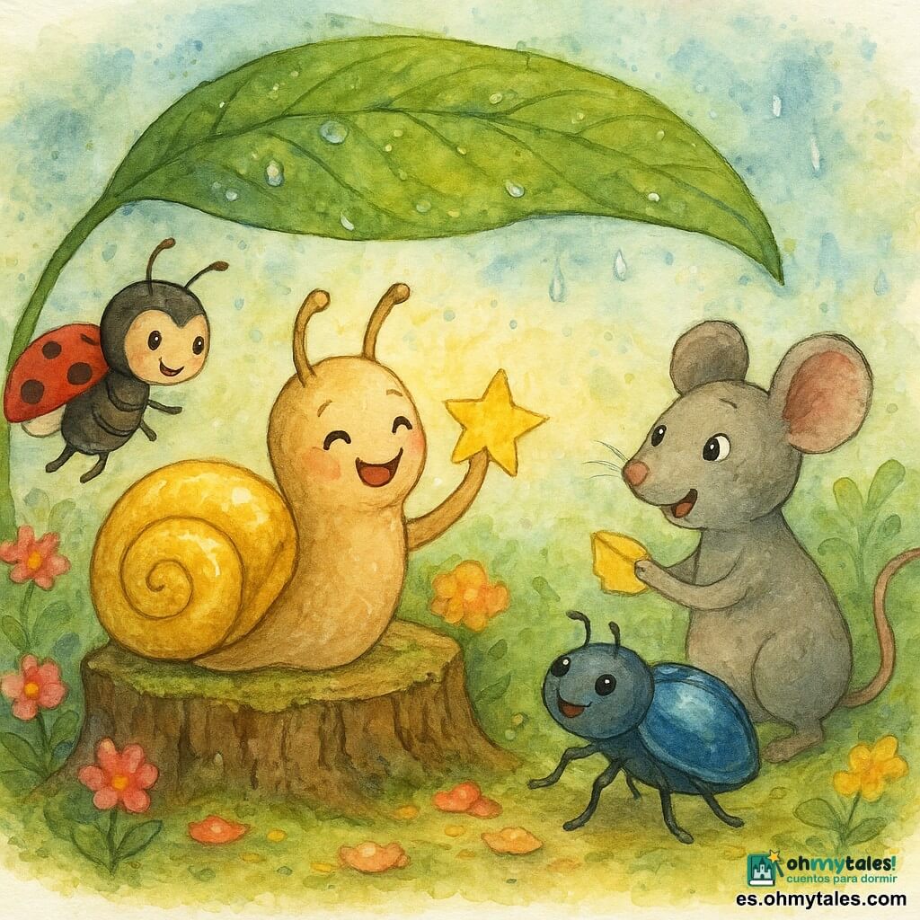 Luna, un pequeño caracol con una concha brillante como una luna, está alegre y emocionada. Se encuentra bajo una gran hoja verde, sosteniendo una pequeña estrella de papel hecha de una hoja. Pipa, una mariquita roja con puntos negros, está curiosa y sonriente, volando cerca de Luna. Tito, un ratón gris con grandes ojos brillantes, está entusiasmado, de pie junto a Luna, sosteniendo una migaja de queso. Bombo, un escarabajo azul con un caparazón reluciente, es jovial, golpeando suavemente una hoja como un tambor. El jardín es exuberante, con flores coloridas y gotas de lluvia brillantes en las hojas. La situación principal muestra a Luna y sus amigos reunidos alrededor de un viejo tronco cubierto de musgo, donde han preparado un pequeño picnic sorpresa con pétalos y migajas, bajo un cielo ligeramente nublado.