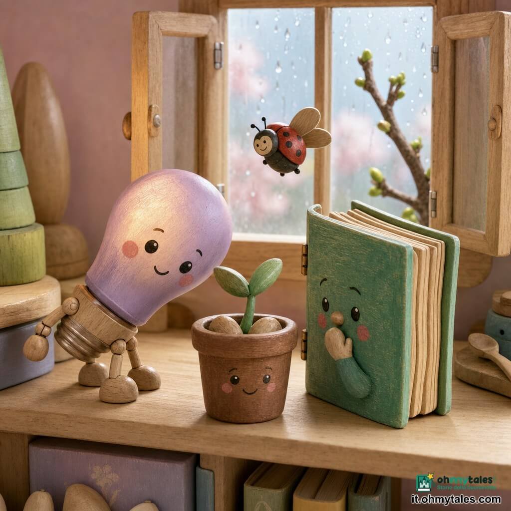 Una piccola lampadina di legno dipinta lilla con volto sorridente dipinto a mano, occhi rotondi e guance rosate, emette una luce morbida sfumata e inclina la testa curiosa; accanto un libro-giocattolo di legno verde con copertina testurizzata, pagine scolpite e volto calmo dipinto, è aperto e sembra sussurrare; tra lampadina e libro un vasetto di legno marrone con due semi e un tenero germoglio verde, texture opaca e aspetto fragile e felice; una piccola coccinella di legno rossa a pois neri vola vicino alla finestra con ali aperte e aria gioiosa; fuori un ramoscello di legno marrone con piccole gemme verdi è visibile attraverso una finestra in miniatura con gocce di pioggia sul vetro; scena su scaffale e tavolo di legno chiaro con sfondo sfocato in pastello rosa e blu mattutino, luce soffusa, ombre leggere, atmosfera primaverile calma; composizione centrata su lampadina, libro e vasetto, stile diorama giocattolo in legno, colori pastello e dettagli testurizzati per una sensazione calda e infantile.