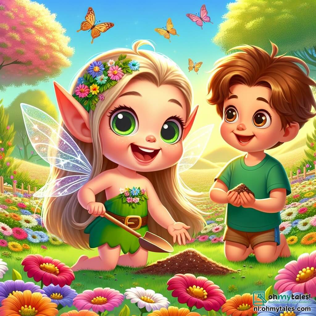 Lila, een vrolijke elf met glinsterende vleugels, heeft grote ogen vol vreugde en een stralende glimlach. Ze staat midden in een kleurrijk bloemenveld en plant zaadjes in de grond met een houten schepje, omringd door stralende bloemen in alle kleuren. Max, een nieuwsgierig jongetje met kastanjebruin haar en glanzende ogen, staat naast haar. Hij draagt een groene t-shirt en een blauwe short, en kijkt Lila bewonderend aan, met een handvol zaadjes in zijn hand. Zijn gezicht straalt opwinding en vreugde uit terwijl hij de natuur ontdekt. De plek is een prachtig groen veld, verlicht door het gouden licht van de ondergang, met bloeiende bomen op de achtergrond en zingende vogels in de blauwe lucht. Kleurrijke vlinders fladderen om hen heen, wat de magie van het moment vergroot. De hoofdscène toont Lila en Max die samen zaadjes planten, terwijl ze de komst van de lente vieren, omringd door de schoonheid van de ontwakende natuur.
