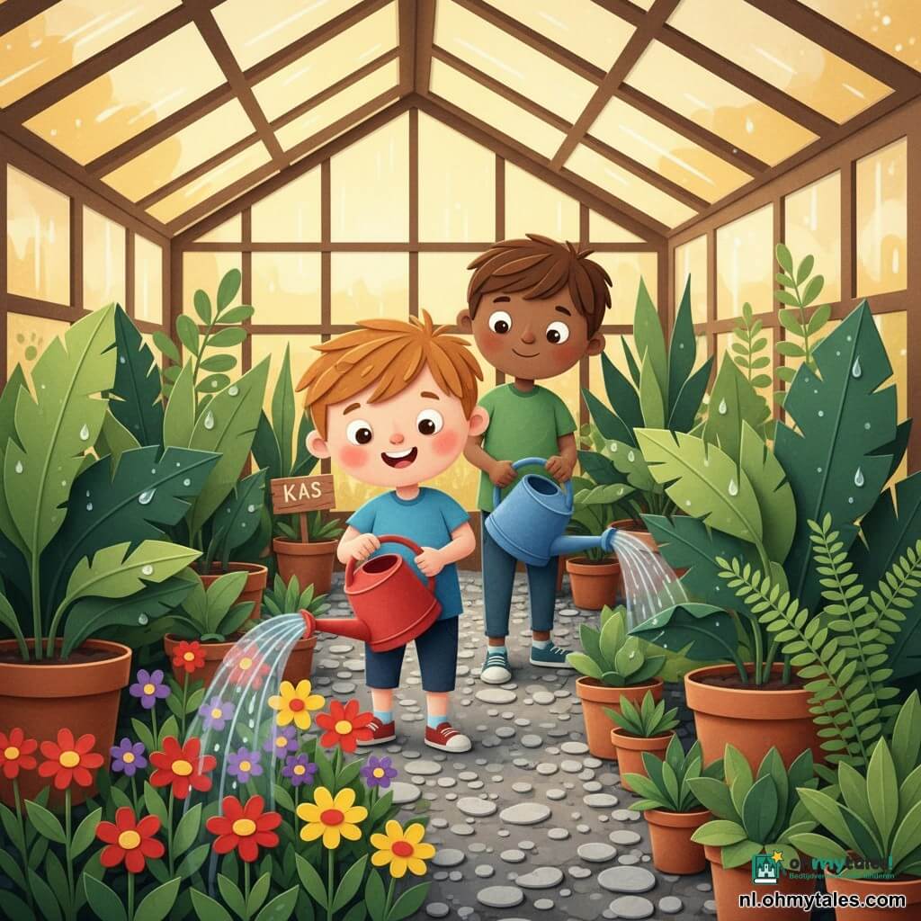 Een zesjarige Lucas met rond gezicht, lichtbruin warrig haar, fonkelende ogen en grote nieuwsgierige glimlach houdt een kleine rode gieter en giet voorzichtig bloemen; Sam, ongeveer zeven, met kort bruin haar en groen T‑shirt, staat iets rechts achter hem met een grote blauwe gieter en kijkt vriendelijk; in een warme, lichte serre met geometrische glasramen, grindpaden, donkergroene bladeren, varens, terracotta potten en rode, gele en paarse bloemen, gouden licht en druppels op de bladeren, een klein houten bordje met "Serre" op de achtergrond; hoofdscène: de twee jongens geven samen rijen weelderige planten water, aandachtige gebaren, kalme en vrolijke sfeer, felle kleuren en papiersnijwerk‑achtige texturen, close‑ups van handen, gieter en natte bladeren.