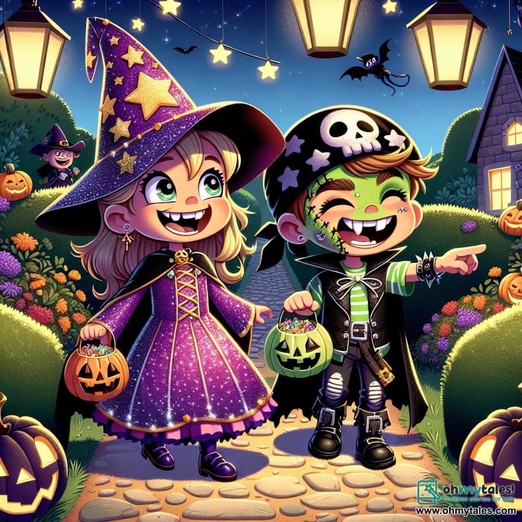 A 10-year-old girl, Maggie, stands center stage wearing a sparkling purple witch cape and a pointed hat adorned with golden stars. Her face is lit up by a broad smile, her eyes shining with excitement and adventure. Beside her, her friend Leo, also 10, is dressed as a zombie pirate, sporting a black bandana, green face paint, and holding a plastic sword. He laughs, showing off his fake teeth while pointing to a mysterious path. The setting features a country lane lined with dark, bushy hedges, illuminated by floating, twinkling lanterns. Shadows dance on the walls of houses decorated with grimacing pumpkins and spider webs. The main scene shows Maggie and Leo ready to enter a haunted maze, their bags full of candy in hand, surrounded by a festive yet slightly spooky atmosphere with other costumed children having fun around them.