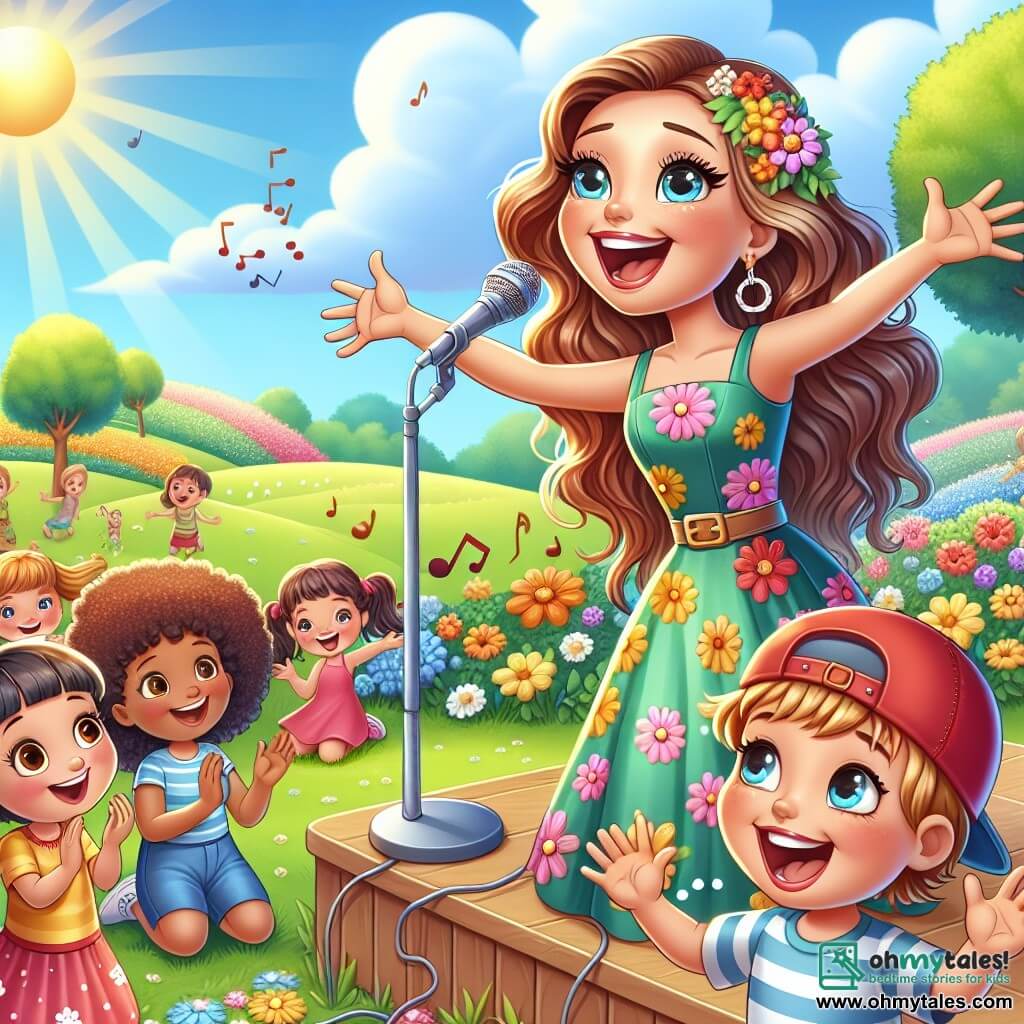 Lila Harmony is a joyful singer in her thirties, with long wavy light brown hair and sparkling happy eyes. She wears a colorful dress adorned with floral patterns and smiles widely while passionately singing, her arms open as if to embrace the music around her. Among the children, there is an 8-year-old boy wearing a red cap backward and a striped t-shirt, clapping enthusiastically with admiration for Lila. A 7-year-old girl, with pigtails and a pink dress, joyfully dances next to him, her hands raised to the sky, full of joy and energy. The scene takes place in a sunny park filled with colorful flowers and majestic trees, under a clear blue sky dotted with fluffy white clouds. Children play around, and the green grass is dotted with small groups of spectators captivated by the performance. Lila sings a cheerful song on a makeshift stage, surrounded by children who join her, creating a magical atmosphere of music and laughter, where friendship and creativity flourish.