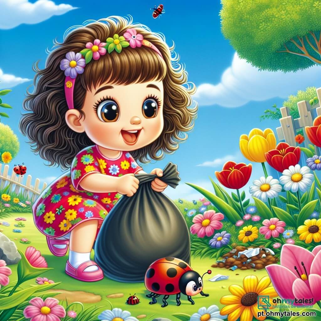 Uma menina de 2 anos, com grandes olhos brilhantes e cabelos cacheados, sorri alegremente enquanto coleta lixo em seu jardim. Ela usa um vestido colorido com flores e sandálias rosas. Ao lado dela, uma pequena joaninha vermelha com pintas pretas pousa em uma folha verde, observando a cena com curiosidade. O jardim está repleto de flores vibrantes de todas as cores, como tulipas amarelas, rosas vermelhas e margaridas brancas, sob um céu azul claro. A menina, cheia de energia e determinação, se ajoelha para colocar o lixo em uma sacola, mostrando seu compromisso em proteger a natureza.