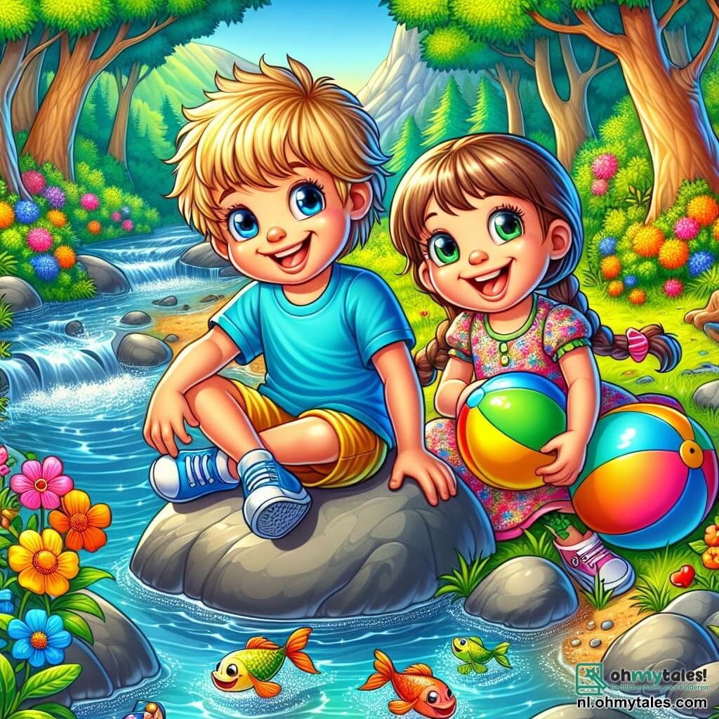 Een 4-jarig jongetje, Lars, met messy blond haar en een grote blije glimlach, zit op een steen aan de rand van een kleine beek. Hij draagt een felblauw t-shirt en een gele short, zijn ogen stralen van opwinding. Naast hem staat een 4-jarig meisje, Emma, met gevlochten bruin haar en een roze bloemenjurk, die lacht terwijl ze een kleurrijke bal vasthoudt. Ze worden omringd door groen, met majestueuze bomen en felgekleurde bloemen. De beek schittert in de zon en kleine vissen zwemmen vrolijk in het heldere water. Lars en Emma staan op het punt samen te spelen, hun gezichten stralen van geluk, op een mooie zomerdag tijdens het kamperen.