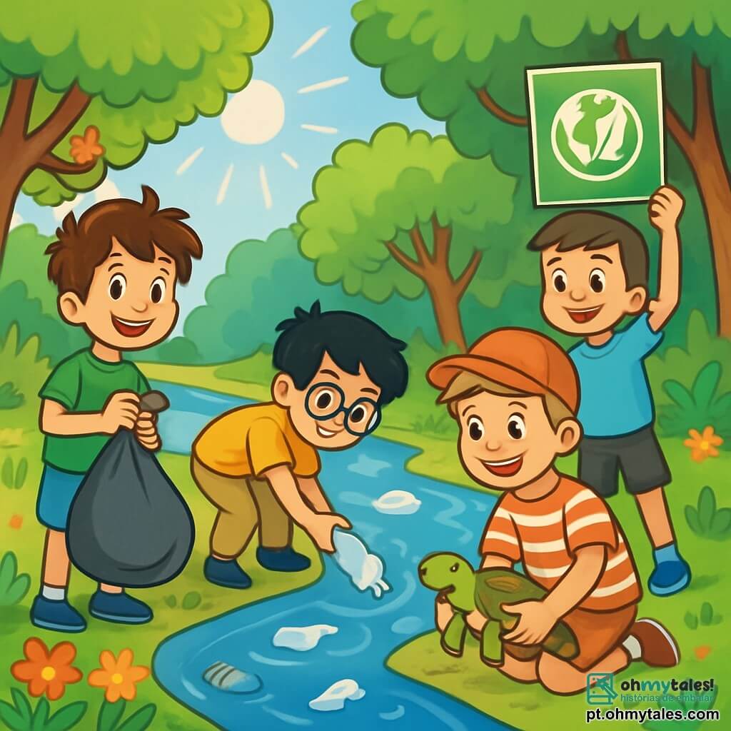 Há 4 crianças: - Lucas: um garoto de 11 anos, com cabelos castanhos bagunçados e olhos brilhantes de curiosidade. Ele usa uma camiseta verde e um short azul, segurando um saco de lixo em uma mão. - Miguel: um garoto de 11 anos, com cabelos pretos e óculos redondos. Ele está vestido com uma camiseta amarela e uma calça bege, recolhendo uma garrafa plástica à beira do rio. - Pedro: um garoto de 11 anos, com cabelos loiros e um sorriso radiante. Ele usa um boné vermelho e uma camiseta listrada, observando uma tartaruga que acabou de soltar, com os olhos maravilhados. - Rafael: um garoto de 11 anos, com cabelos castanho-claros e um rosto determinado. Ele está vestido com uma camiseta azul clara e um short preto, mostrando uma placa sobre a proteção do meio ambiente. A cena acontece em um belo rio cercado por árvores verdes e flores coloridas. A água é de um azul vibrante, mas ainda está cheia de lixo, contrastando com a beleza natural do lugar. Os raios de sol filtram pelas folhas, criando sombras dançantes no chão. A situação principal mostra as crianças em ação, unidas para limpar o rio. Elas riem e se encorajam mutuamente, enquanto pássaros cantam nas árvores. A atmosfera é alegre e cheia de esperança, ilustrando sua determinação em proteger a natureza.
