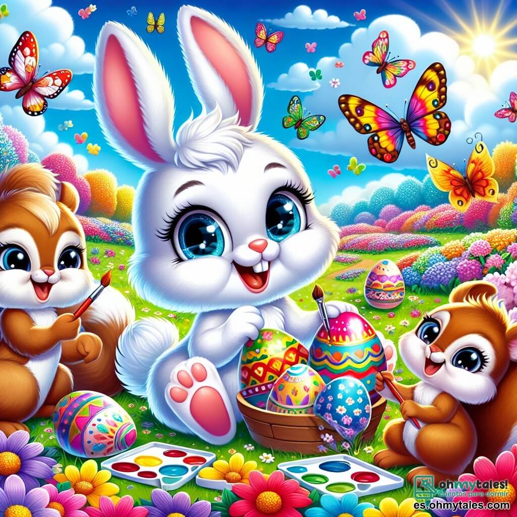 Un pequeño conejo llamado Rabo, con grandes orejas suaves y un pelaje blanco brillante, está sentado alegremente en medio de un campo de flores coloridas, pintando huevos de Pascua con diseños vibrantes. Sus ojos brillan de emoción y una gran sonrisa ilumina su rostro. A su lado, Lila, una mariposa de alas multicolores, vuela alrededor de Rabo, riendo y animándolo, con sus ojos chispeando de felicidad. Más lejos, un grupo de ardillas traviesas, con pelajes marrón y rojizo, se acercan curiosamente, mostrando asombro mientras observan los huevos decorados. El lugar es un campo soleado, salpicado de flores brillantes de todos los colores, bajo un cielo azul claro con algunas nubes esponjosas. La escena principal muestra a Rabo y sus amigos creando huevos de Pascua mágicos, llenos de colores vivos y patrones alegres, mientras comparten risas y amistad en este entorno encantador.