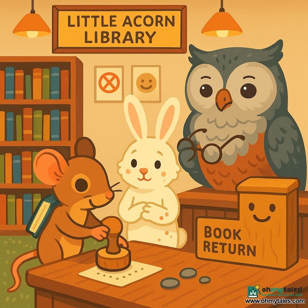 Moss, a small bright-eyed mouse with fine whiskers and a notebook on her shoulder, gently places an acorn-shaped wooden stamp on a polished desk; Owliver, a large gray-and-copper librarian owl with a relieved, soft gaze, perches behind the counter holding round glasses; Bunly, a pale fluffy rabbit with long ears and jam-smudged fur, stands timid but relieved beside Moss; the Little Acorn library is a cozy room with low oak shelves, a leafy plush rug, warm copper lamps, simple rule posters and a smiling tree-shaped return box; the scene captures the moment of return under soft light—objects aligned (stamp, dotted coded notes, small pebble-clickers) and clear expressions of apology and reconciliation.