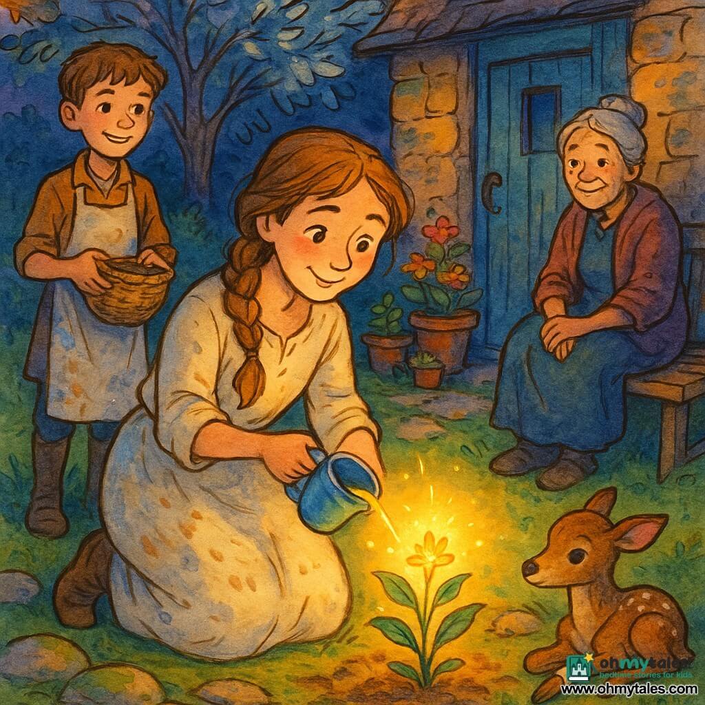 The protagonist is a gentle, smiling woman with light brown hair in a loose braid and large bright eyes, wearing a cream linen dress dusted with flour, kneeling before a small glowing plant as she waters the soil with a faience cup; she looks shy but radiant with slightly upturned lips, flushed cheeks, and a tender gaze. A 12-year-old apprentice baker boy in a floury apron stands to the left smiling and holding a basket. An elderly woman, Mrs. Bramble, about 70, sits on a bench to the right with grey hair in a bun and hands on her knees, watching peacefully. A small injured fawn with a bandaged leg rests nearby, eyes gentle. The setting is a small garden before a stone cottage with a blue wooden door, a large silver-leaved tree behind, flower pots and mossy stones, in soft twilight. The main moment shows the woman planting a "seed of light" that grows into a green plant with a glittering golden flower, the scene bathed in a warm, magical glow and an intimate, reassuring fairy-tale atmosphere.