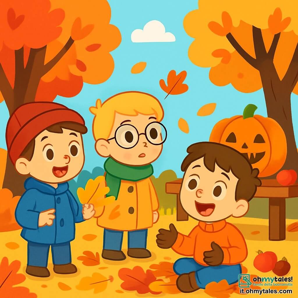 Ci sono 3 personaggi: - Luca: un ragazzo di 7 anni con capelli castani e occhi scintillanti. Indossa un cappotto blu e un berretto rosso. Sorride felicemente tenendo in mano una foglia dorata. - Marco: un ragazzo di 6 anni con capelli biondi e occhiali rotondi. Indossa una sciarpa verde e un cappotto giallo. Guarda con curiosità le foglie colorate intorno a lui. - Gianni: un ragazzo di 7 anni con capelli castano chiaro e un grande sorriso. Indossa un maglione arancione e guanti. È seduto per terra, circondato da foglie, mentre racconta una storia ai suoi amici. La scena si svolge in un giardino autunnale, con alberi dalle foglie rosse, dorate e arancioni. Il terreno è coperto di foglie croccanti e si vede una grande zucca intagliata su un tavolo di legno accanto a loro. Il cielo è blu chiaro, punteggiato di nuvole bianche e soffici. I tre amici decorano il tavolo con foglie colorate, ridendo e condividendo storie, circondati dalla magia dell'autunno, con elementi festivi come mele e castagne sparsi attorno a loro.