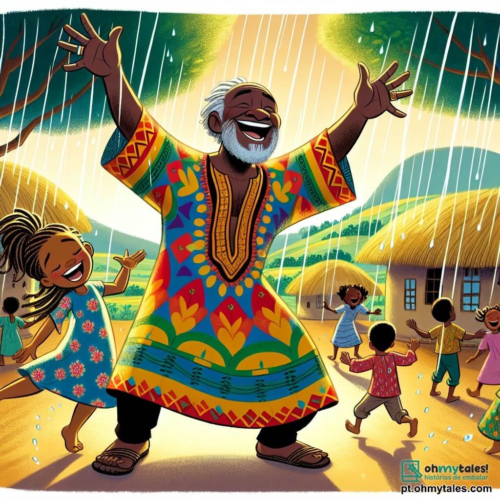 Kofi, um homem sábio de cinquenta anos, tem pele escura e cabelos grisalhos. Ele usa uma túnica colorida de tecido africano e um grande sorriso, expressando alegria e esperança. Ele dança no centro do palco, com os braços levantados para o céu, cercado de luz e cores vibrantes. Amina, uma menina de dez anos, está ao seu lado. Ela tem longos cabelos trançados e usa um vestido de algodão com estampas florais. Ela ri e levanta os braços, cheia de energia e entusiasmo. O vilarejo está situado em um vale verdejante, cercado por colinas douradas sob o sol. Casas de barro com telhados de palha estão espalhadas, e árvores majestosas oferecem sombra. A cena principal mostra Kofi e Amina dançando juntos com outros moradores, cantando melodias alegres para chamar a chuva, enquanto gotas começam a cair do céu, criando uma atmosfera de magia e unidade.